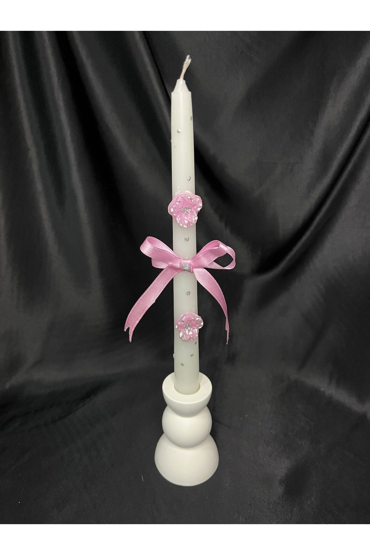 Nis Candle More Çiçekli Fiyonklu Kabartma Desen Şamdan Mum