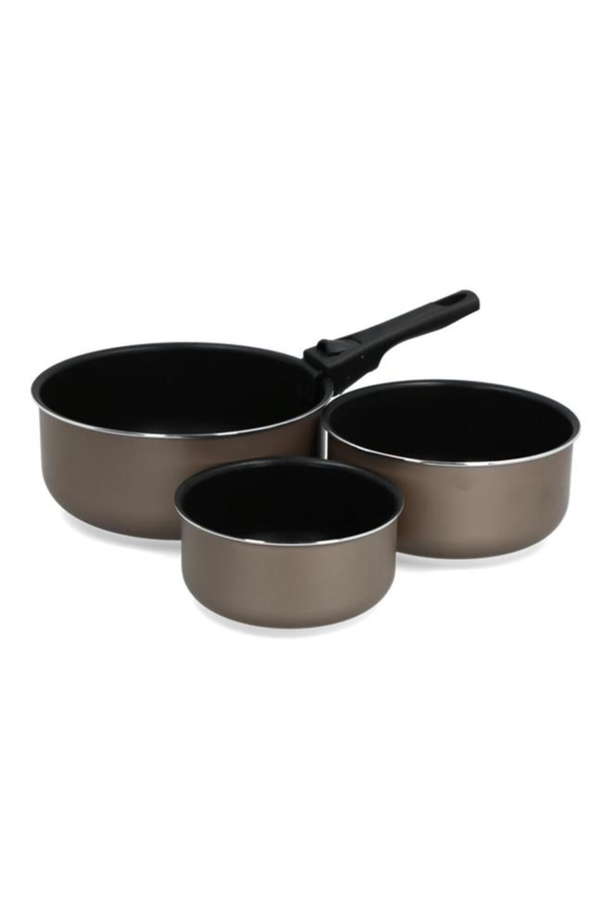 Generic-BERGNER 3-Piece Durable Sauce Pan Set with Removable Handle Black and Grey BG-34802 3