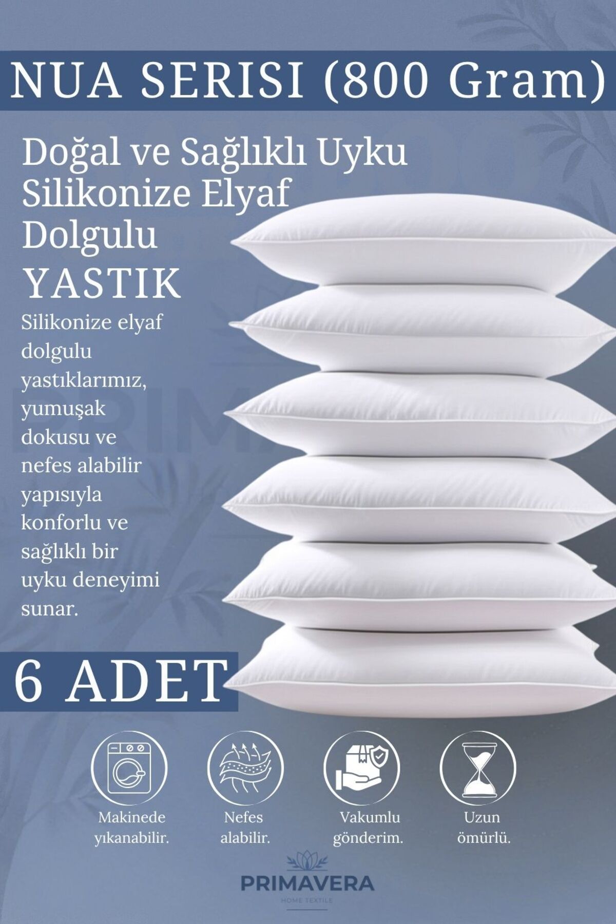 Primavera Home Primavera Nua Serisi 6'lı Elyaf Yastık (800 GR) – Makinede Yıkanabilir, Vakumlu Paket