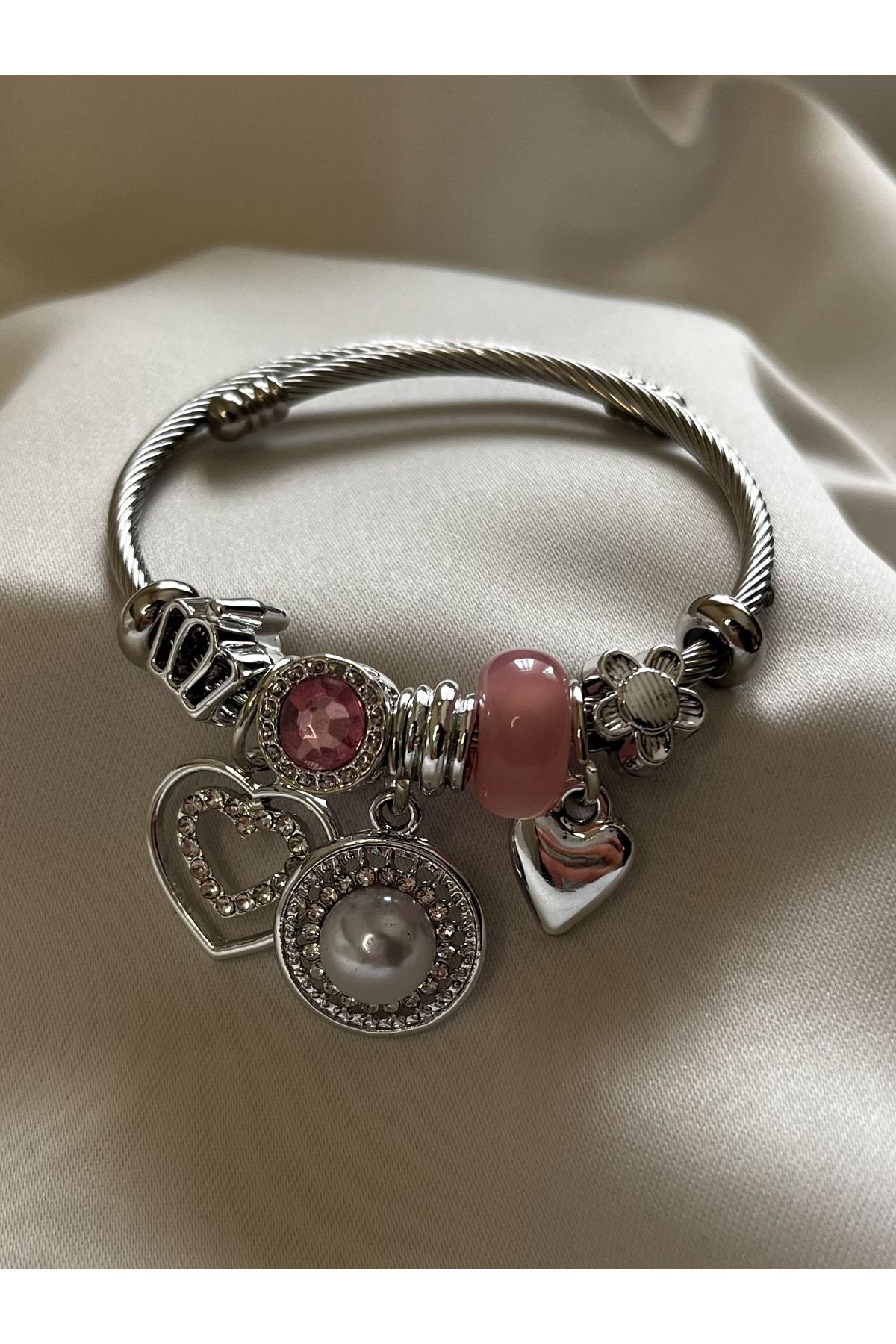 MODA Pembe Kalp İnci Charmlı Silver Bilezik