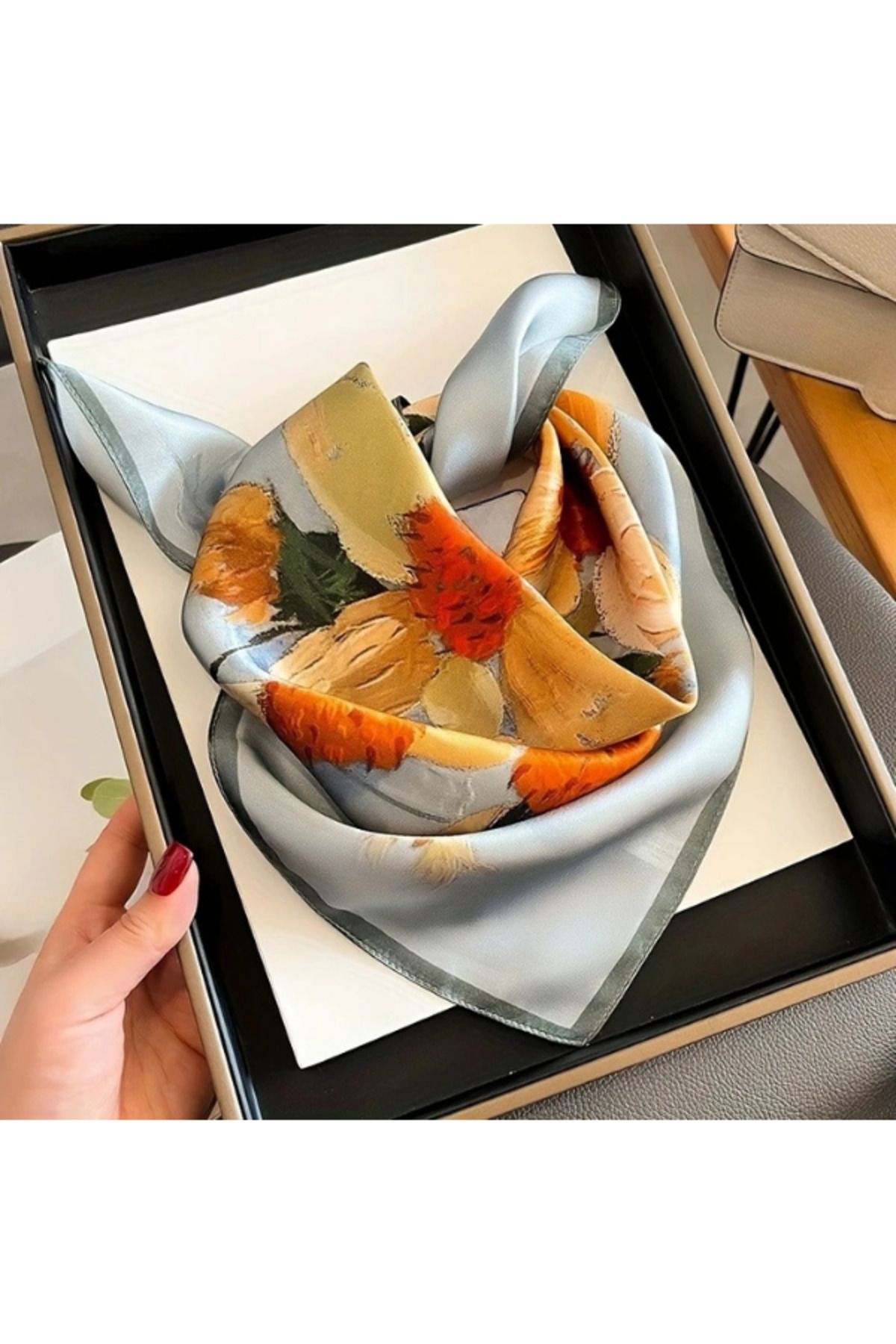 skoofed Flowers Kare Saten Fular - Eşarp - Yumuşak İnce Şal