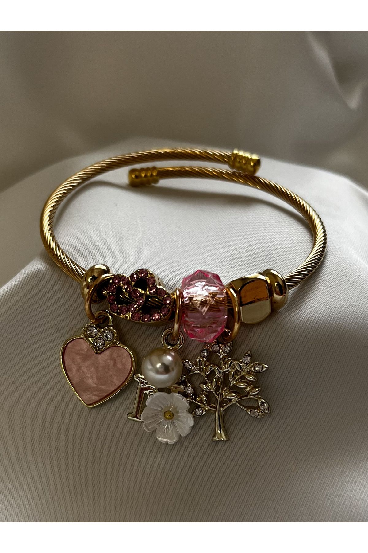MODA Pembe Kalp Yaşam Ağacı Charmlı Gold Bilezik