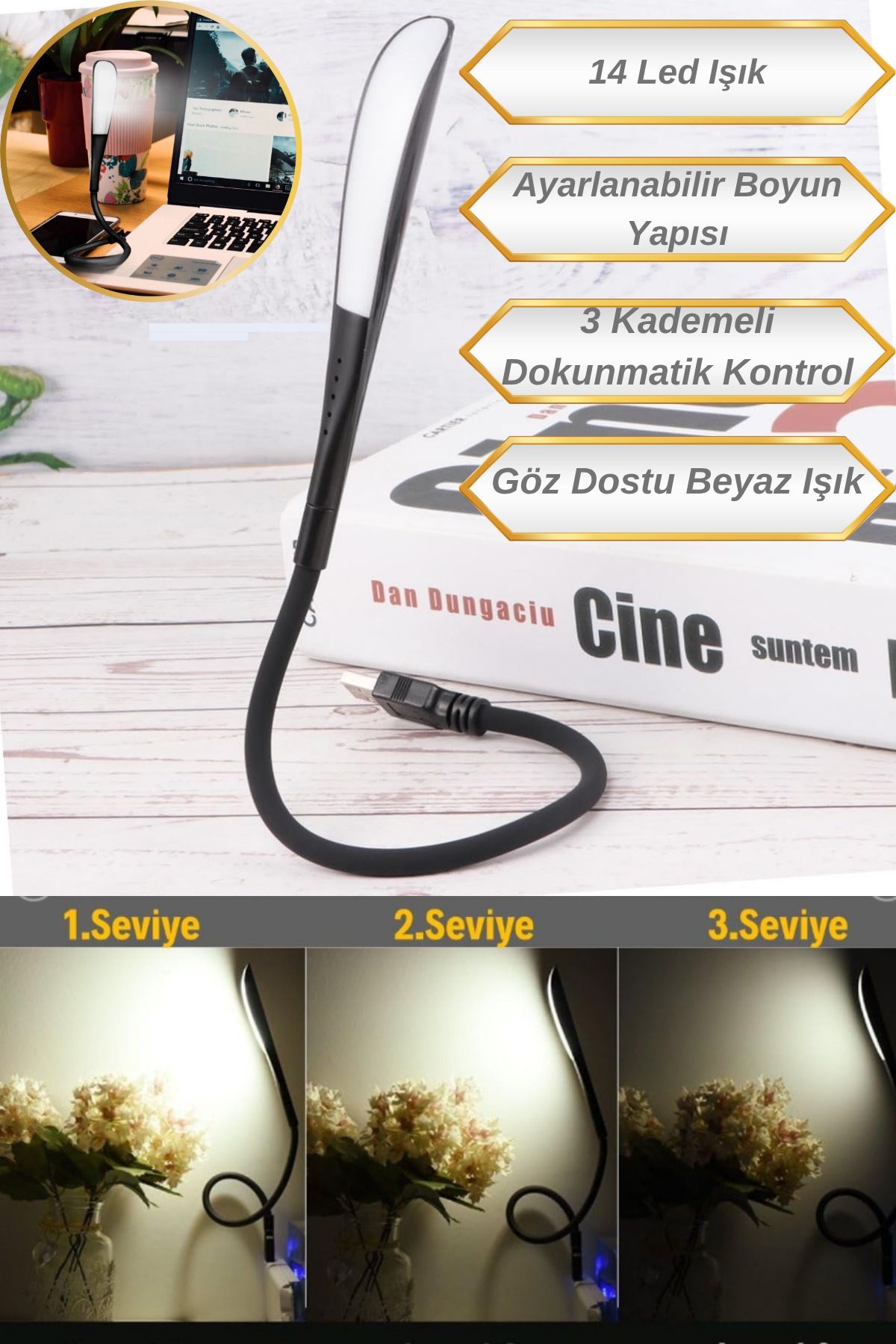 Hane Dostu 14 Güçlü Led Işıklı | 3 Kademeli Dokunmatik Kontrol Sistemli Masa ve Kitap Okuma Lambası