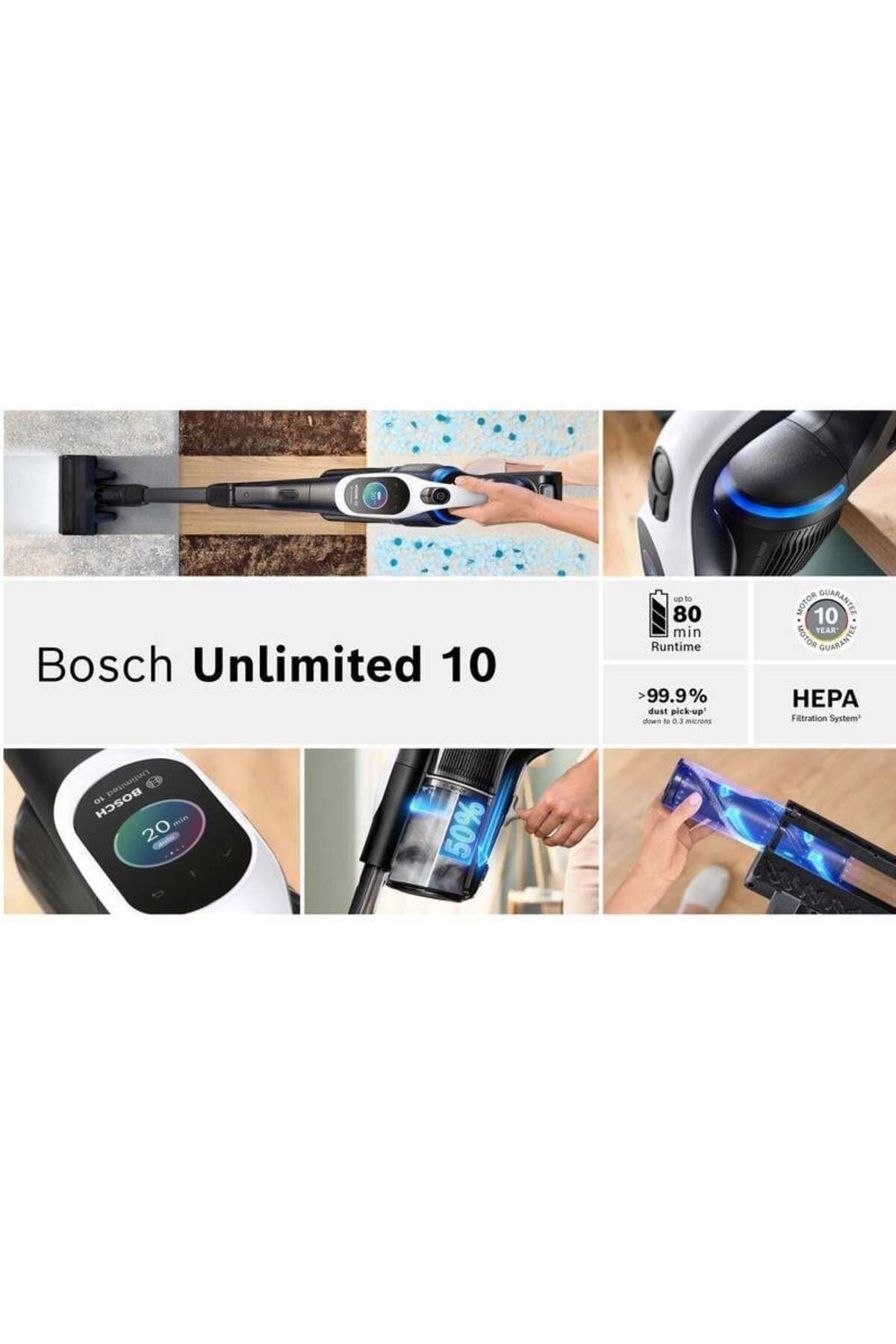 Bosch Vacumix En Hızlı Bosch Unlimited 10 BCS1041WAC Şarjlı Dikey Süpürge , HEPA 13 , TurboSpin , Beyaz