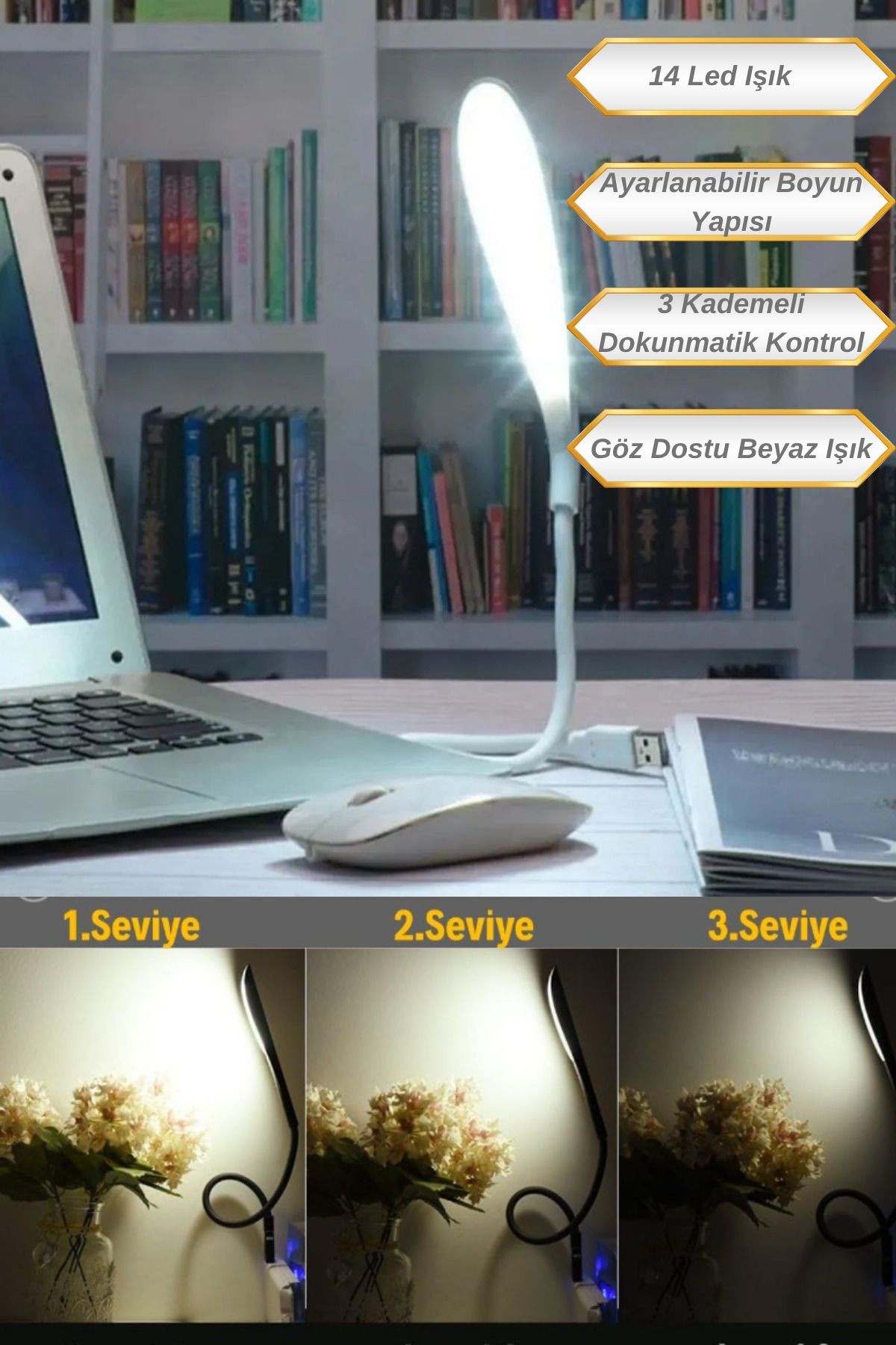 Hane Dostu 14 Güçlü Led Işıklı | 3 Kademeli Dokunmatik Kontrol Sistemli Masa ve Kitap Okuma Lambası