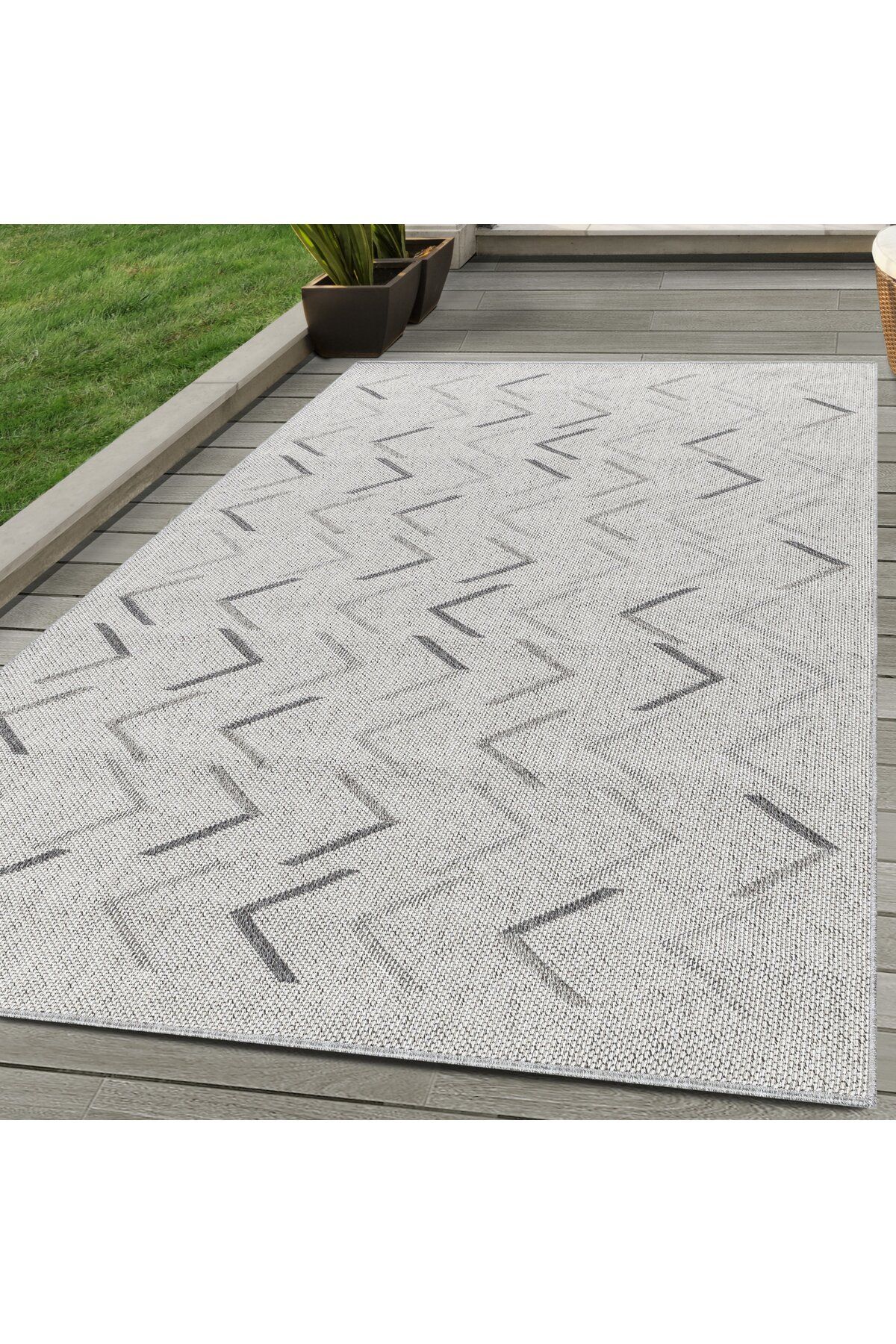 Karpetica Dış Mekan Teras Halısı Sisal Hasır görünümlü Zigzag desenli Krem Bej Dokuma Halı