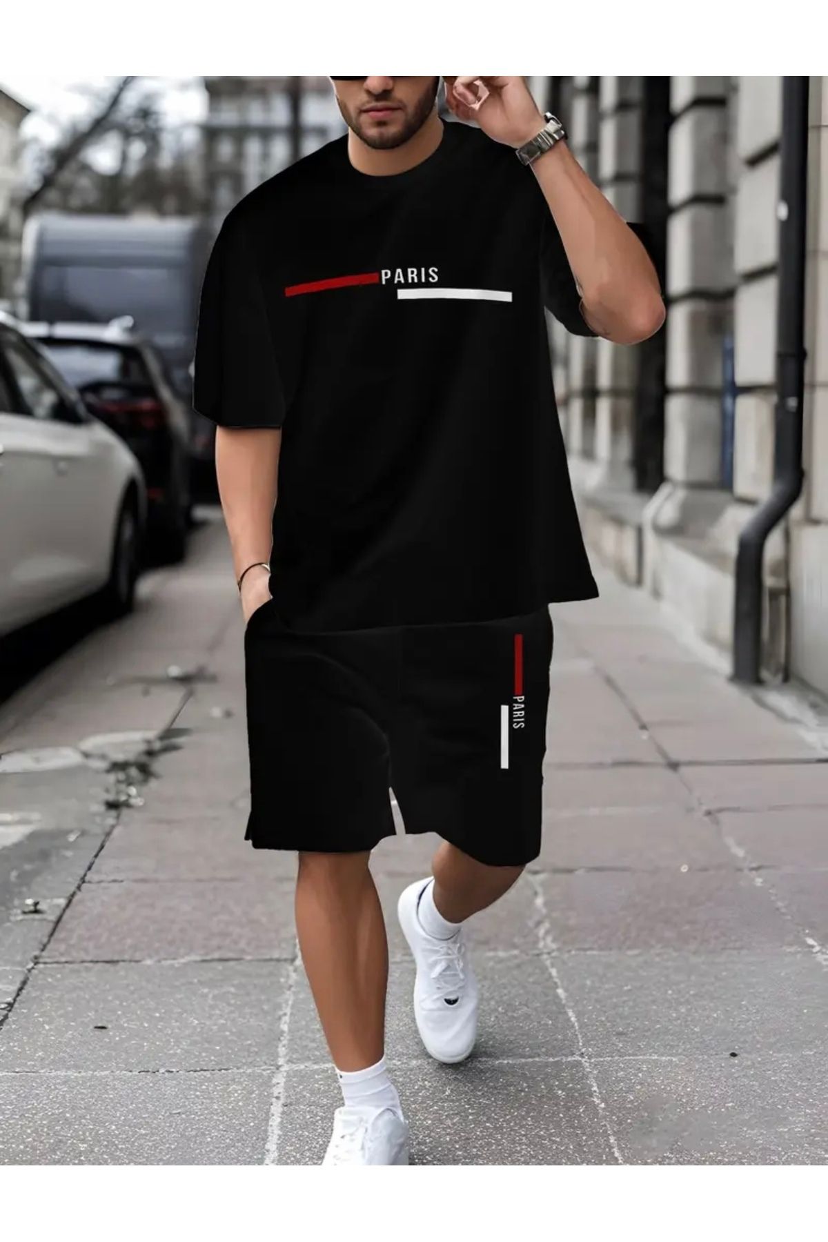 PUNIX BÜYÜK BEDEN ÖZEL TASARIM BEYAZ-KIRMIZI ŞERİT PARİS BASKILI ERKEK BATTAL T-SHIRT ŞORT TAKIMI