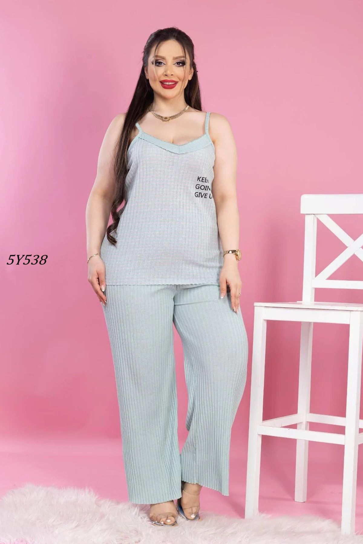 Remon Büyük Beden İp Askılı Çizgili Pijama Takımı 5Y538
