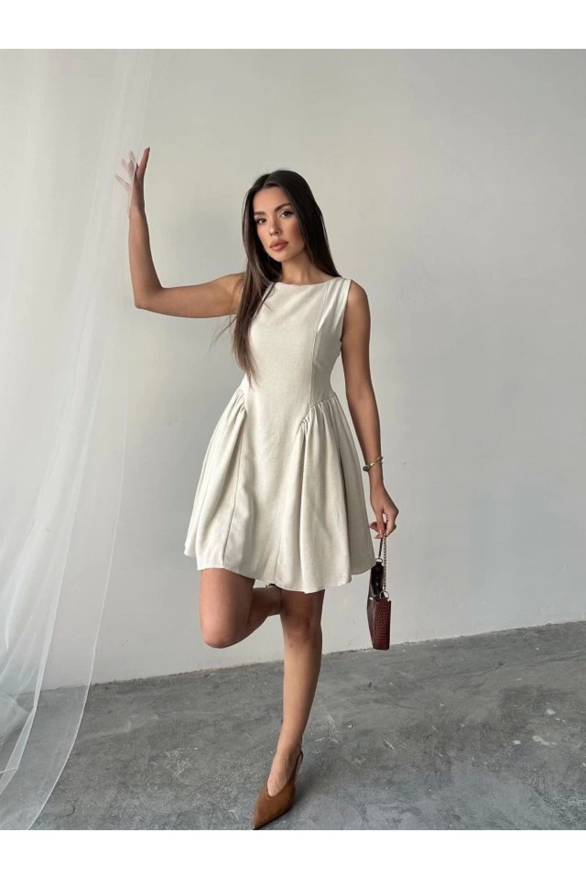 POLEXP Büyüleyici Bej Keten Elbise