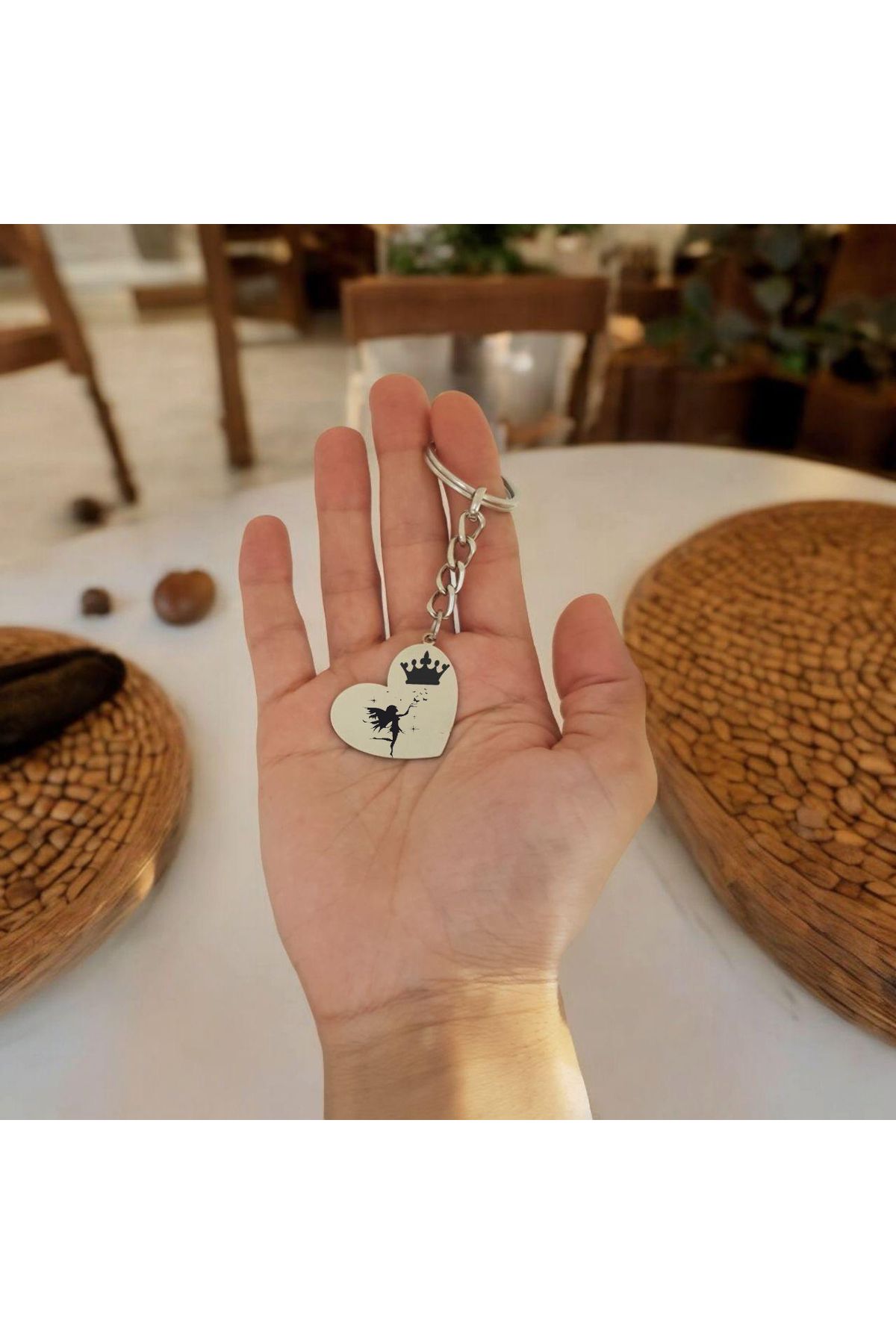 ARCHINO GOLD Melek Temalı Zincirli Kalp Motifli Paslanmaz Çelik Plakalı Hediyeye Özel Anahtarlık-487sembol