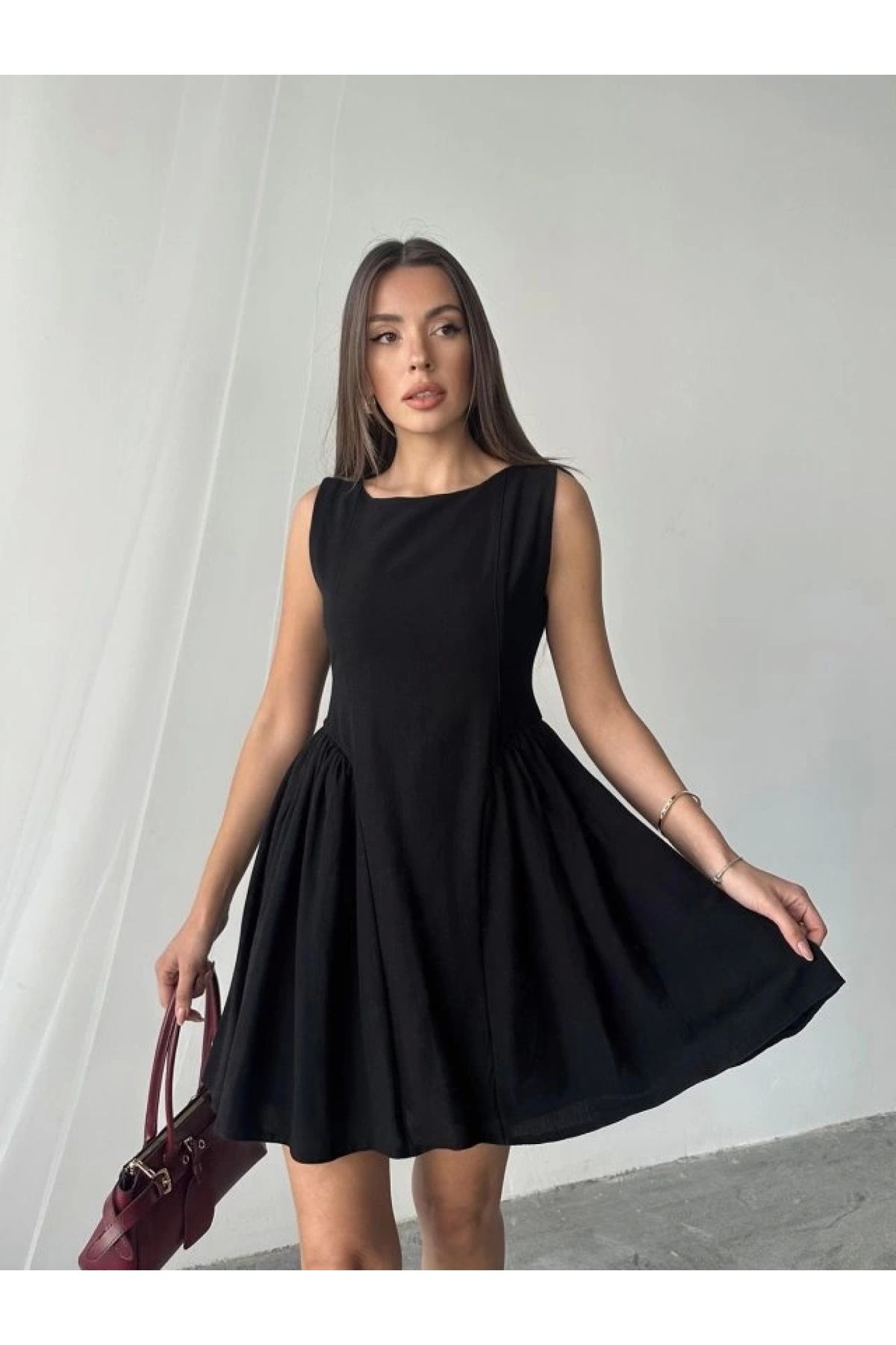POLEXP Büyüleyici Siyah Keten Elbise
