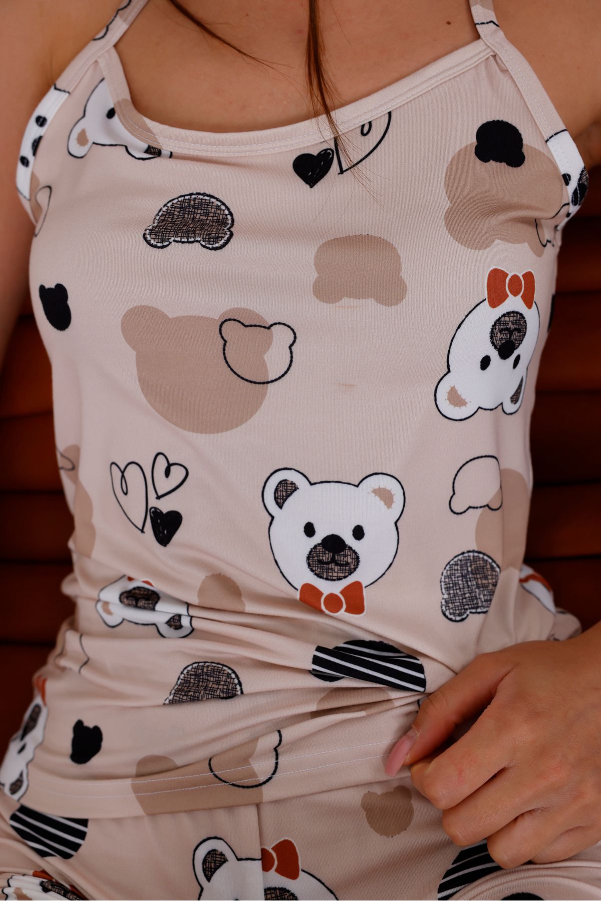 Arvin Pijama-Bear with Bow Tie Printed Soft Textured Knitted Pajama Set with String Strap Shorts 5