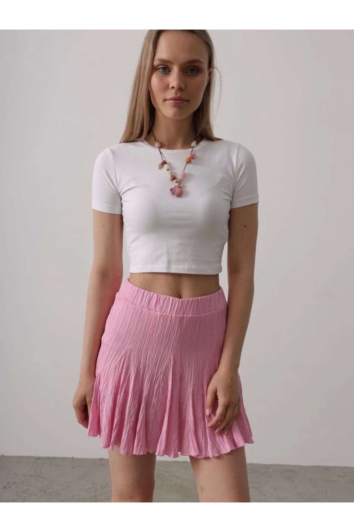 POLEXP Pembe Beli Lastikli Mini Etek