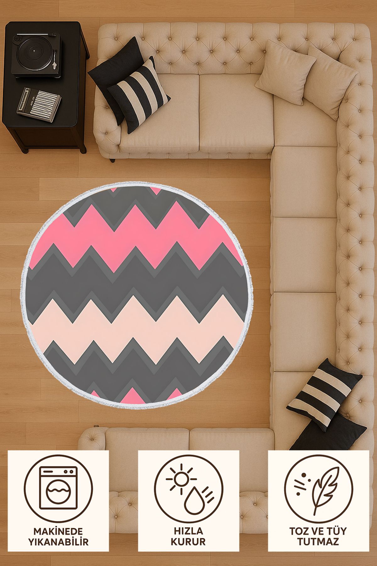TNYLOF Yuvarlak Halı Pembe Gri Zigzag Desenli Bebek ve Evcil Hayvan Dostu Halı 120x120 cm