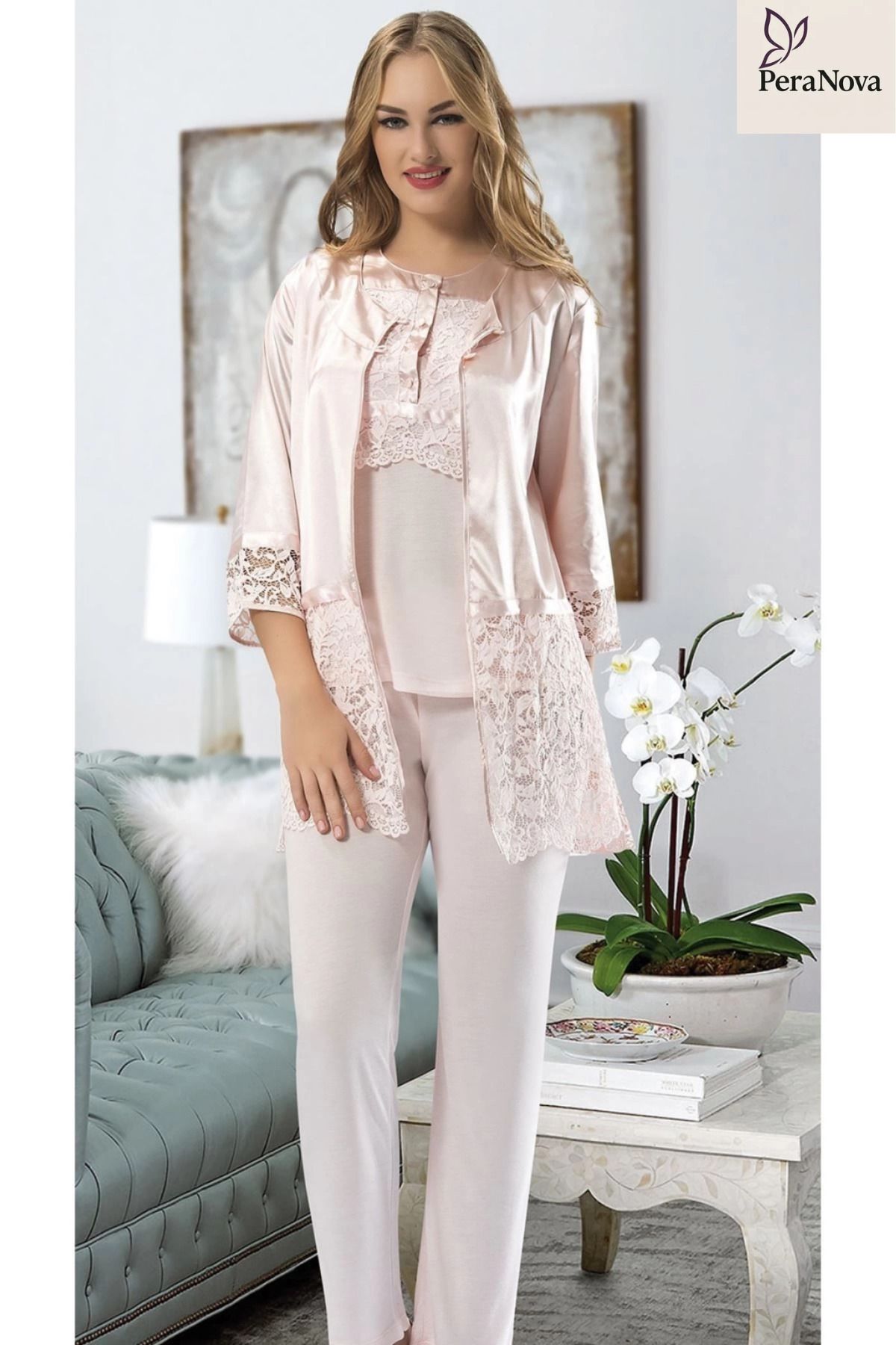 PeraNova Premium Rahat Çeyizlik Kadın Büyüleyici Şık Zarif Pudra Penye Pijama Takımı