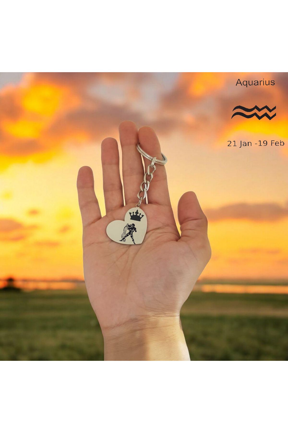 ARCHINO GOLD Kova Burçları İçin Zincirli Kalp Motifli Paslanmaz Çelik Plakalı Hediyeye Özel Anahtarlık-487burç