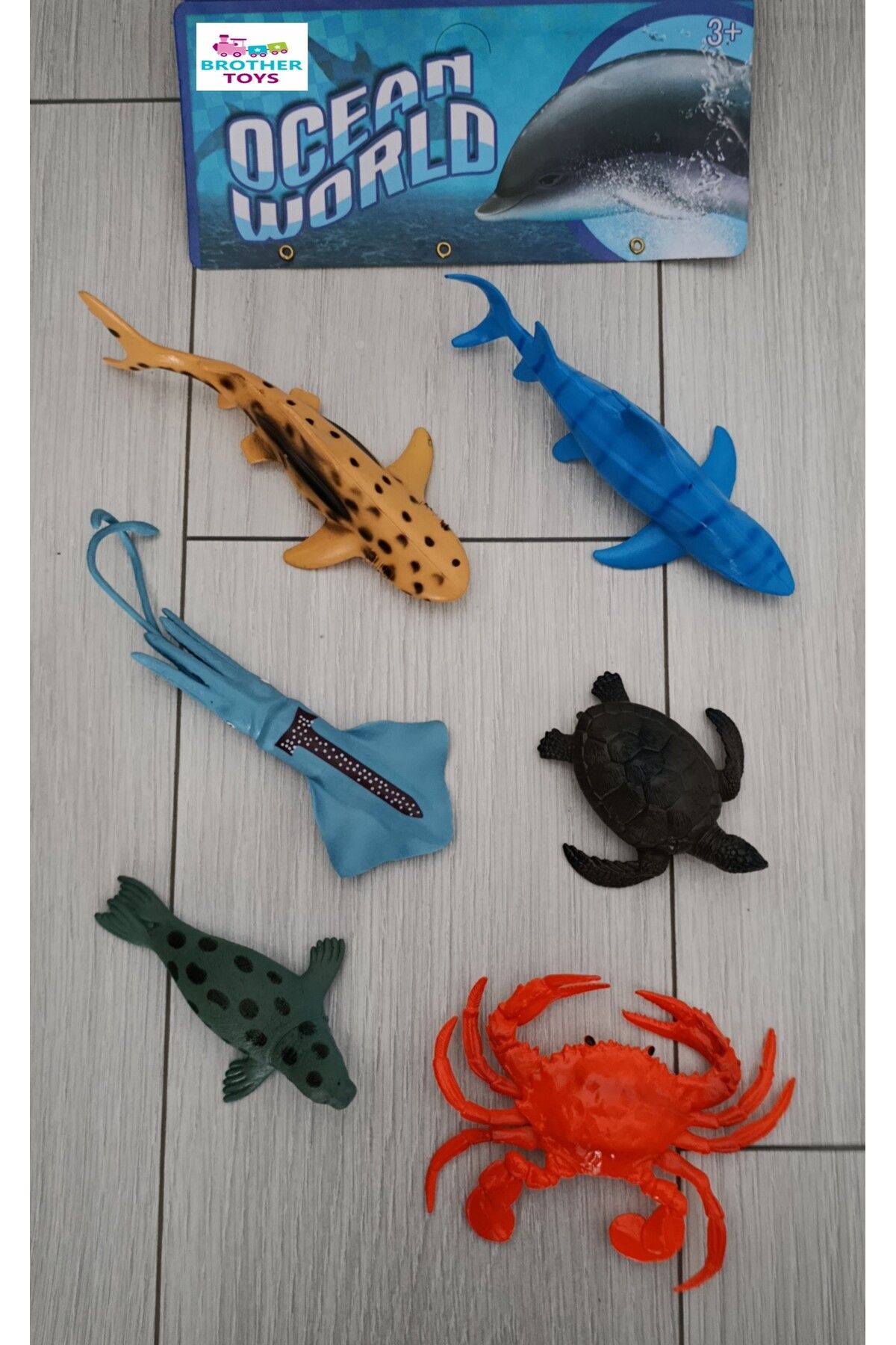 Brother Toys Okyanus Hayvanları 6 Adet Kaliteli Set Köpek Balığı Yengeç Kaplumbağa Fok Mürekkep Balığı 8-15 Cm