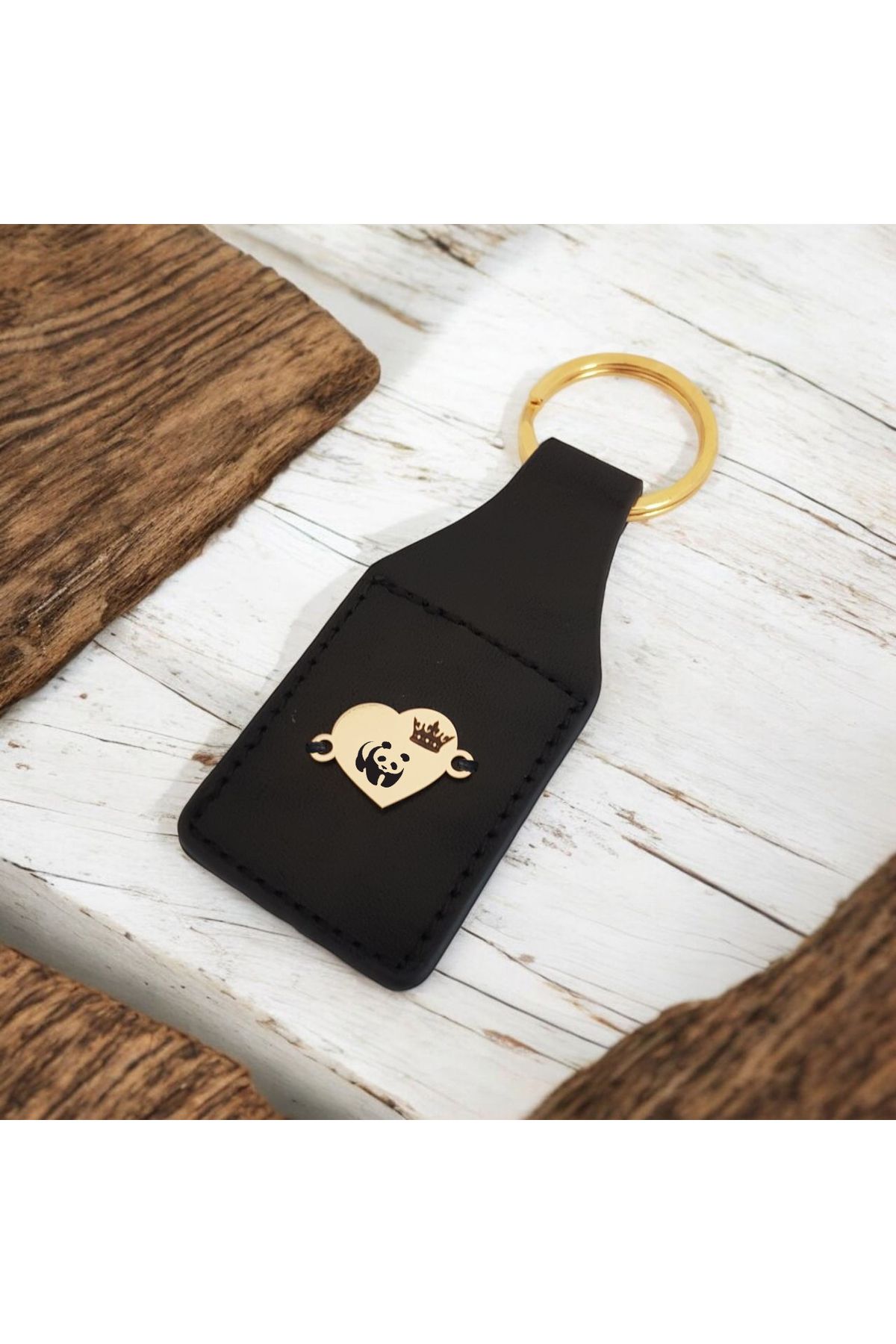 ARCHINO GOLD Panda Temalı Doğal Derili Kalp Motifli 14 Ayar Altın Plakalı Hediye Anahtarlık-488sembol