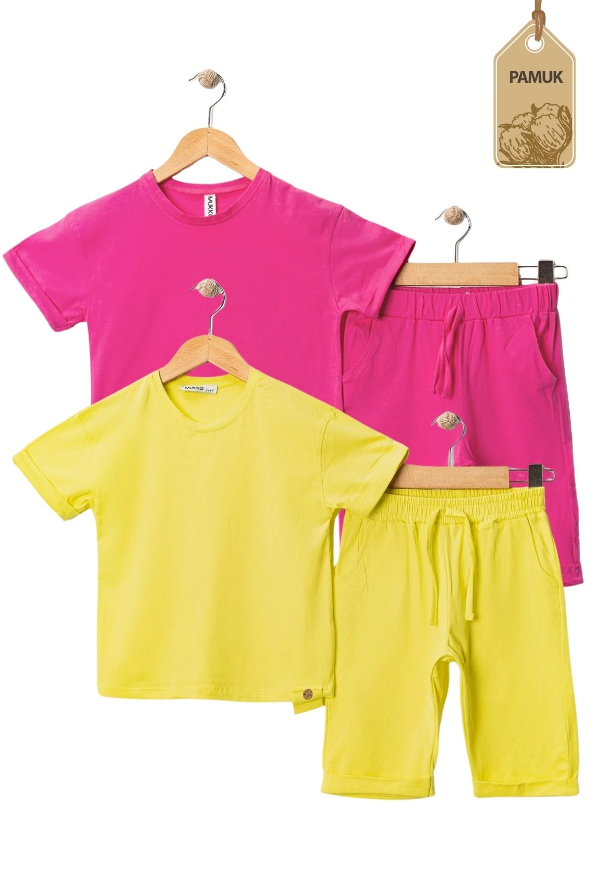 MK Mukko Kids Kız Erkek Çocuk 2'Li Set Tahta Düğmeli Tasarım Basic Yazlık Alt Üst Takım (Sarı Fuşya)