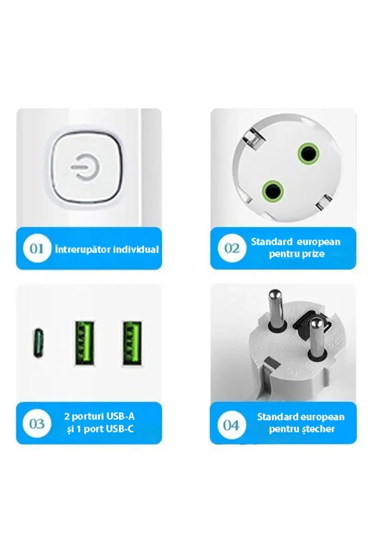 miraza-Miraza Multifunctional Extension Cord, 2500w Maximum Power Outlets, 2 x USB-A, 1 x PD USB-C, 2M Cable 4