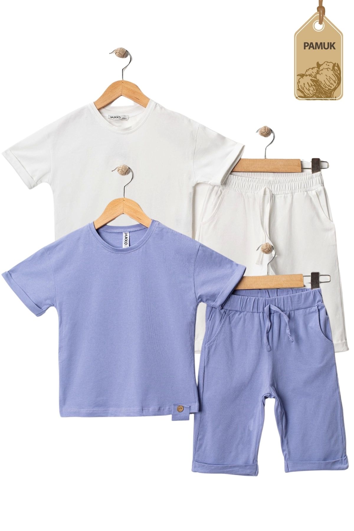 MK Mukko Kids Kız Erkek Çocuk 2'Li Set Tahta Düğmeli Tasarım Basic Yazlık Alt Üst Takım (Beyaz Lila)