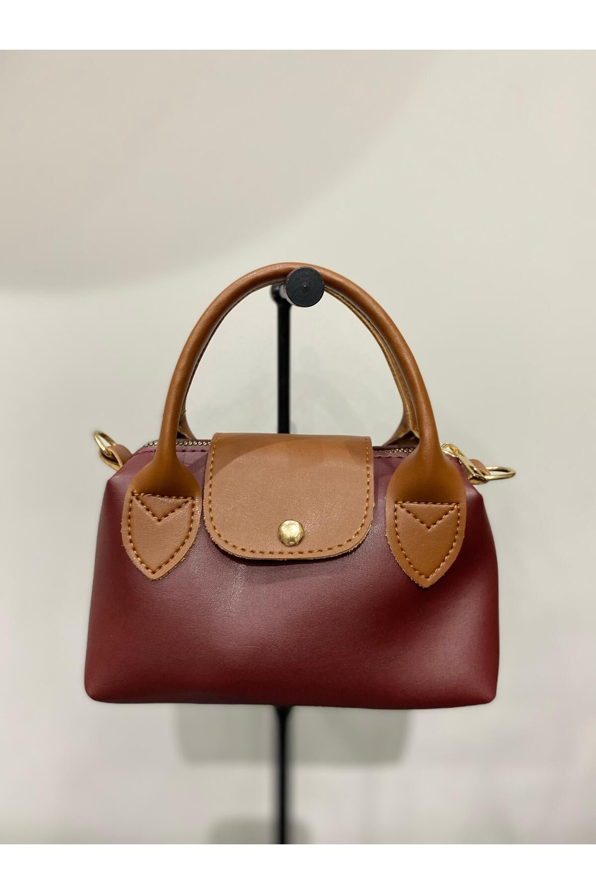 Butik KOPYA - Kadın Bordo Kahverengi Mini Deri Görünümlü El ve Omuz Çantası - Kapaklı Model