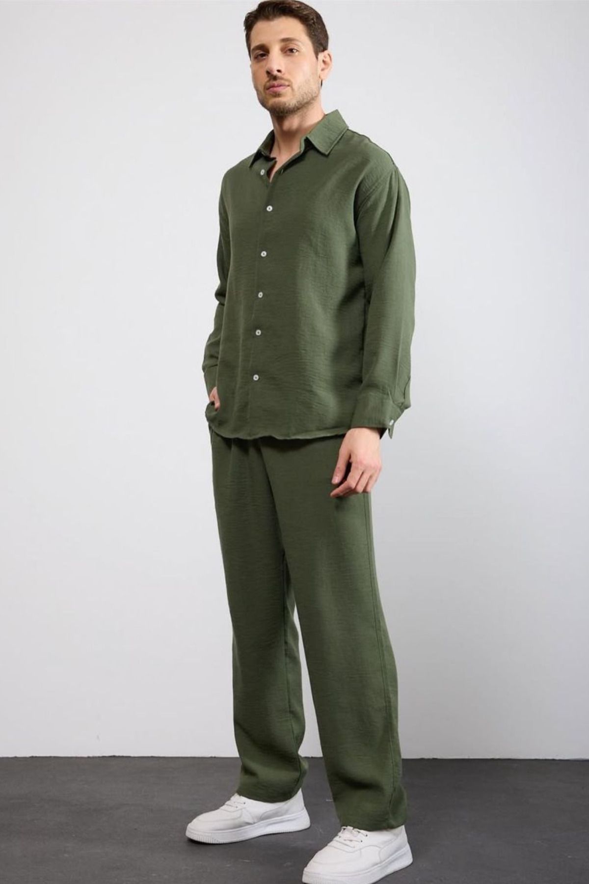 thesunfyre Erkek Keten Relaxed Fit Baggy Pantolon ve Uzun Kollu Oversize Gömlek Alt Üst Takım
