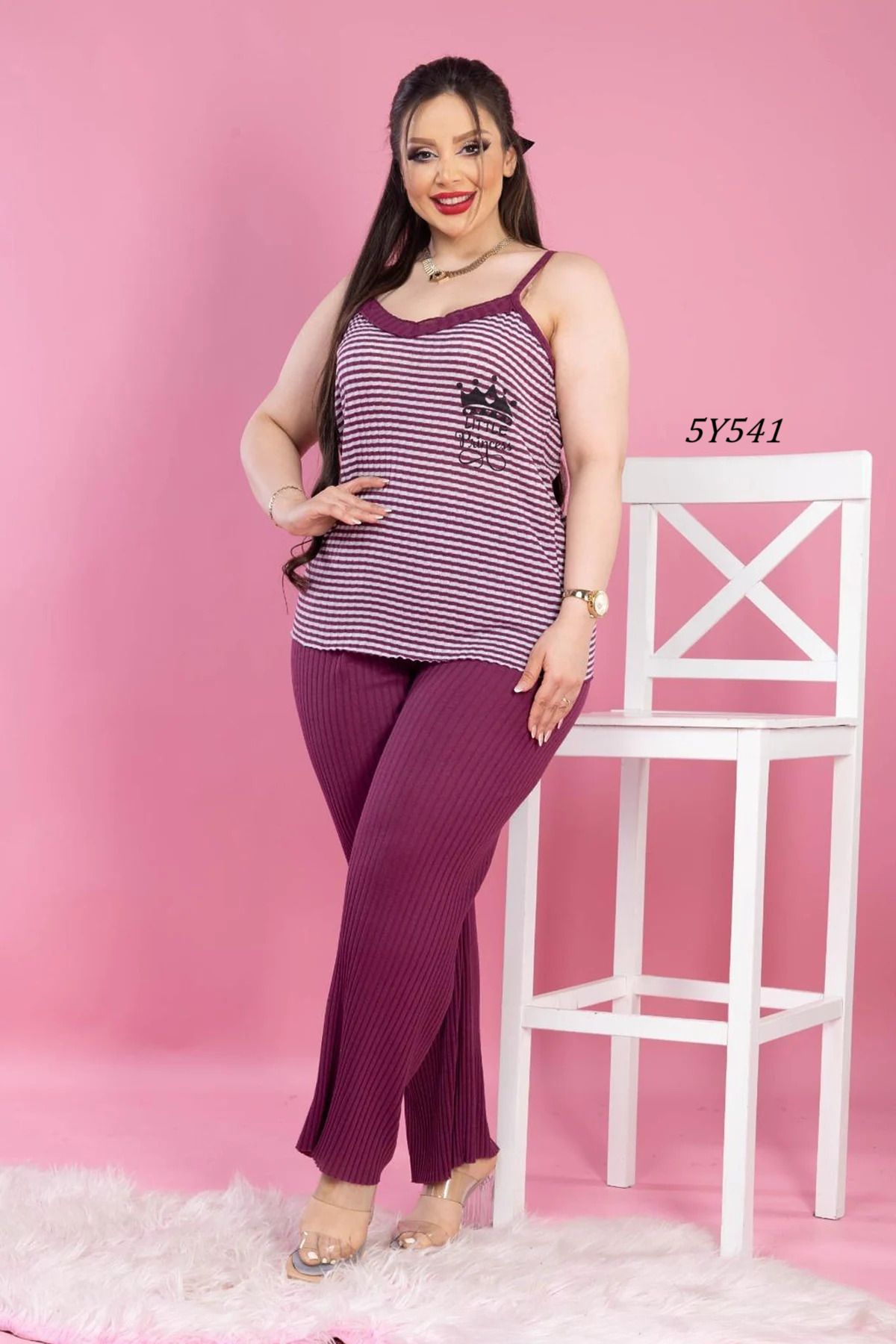 Remon Büyük Beden İp Askılı Çizgili Pijama Takımı 5Y541