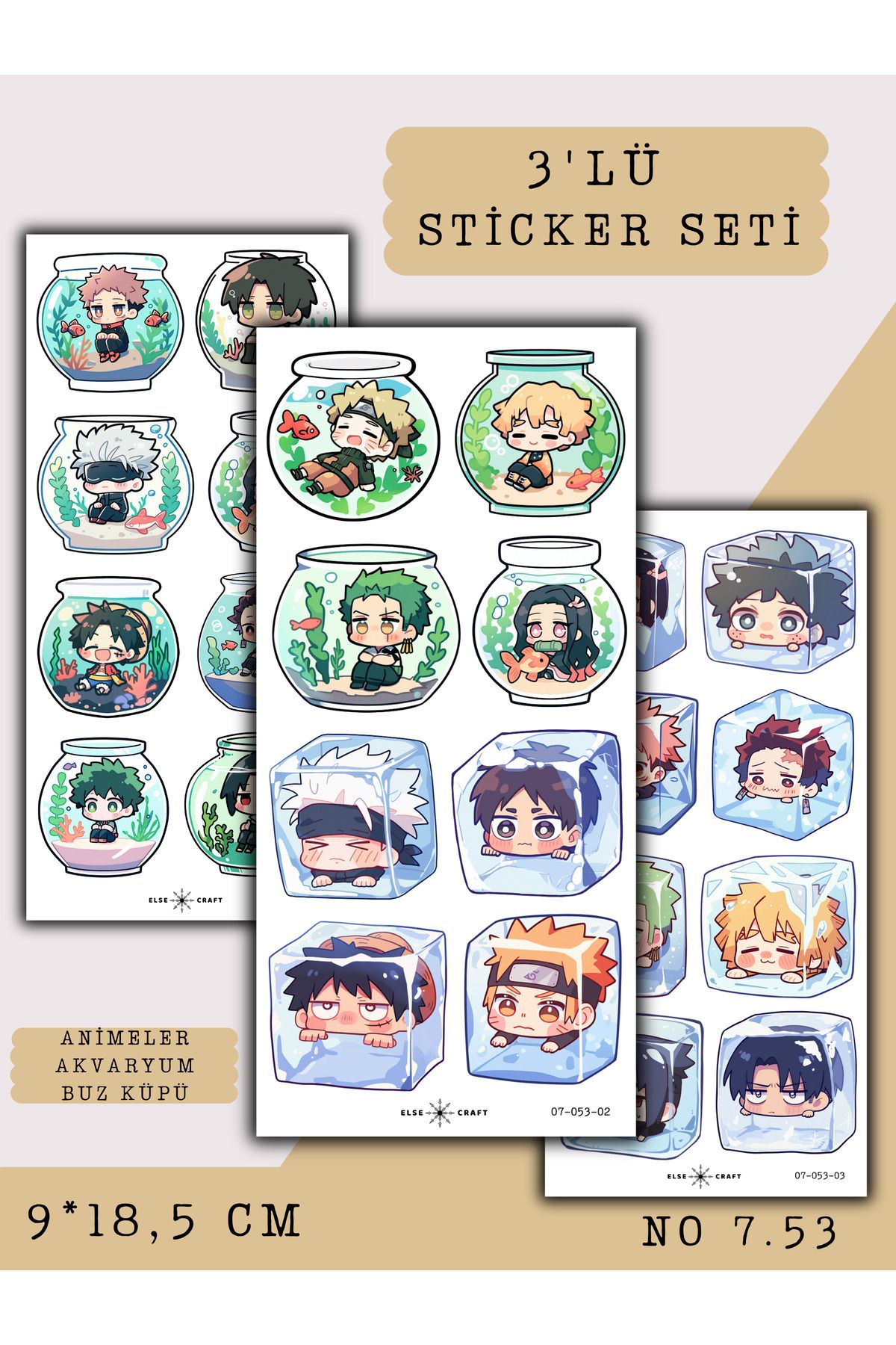 Else Craft 3'lü Animeler Akvaryum Buz Küpü Anime Manga Temalı Sticker 7.53