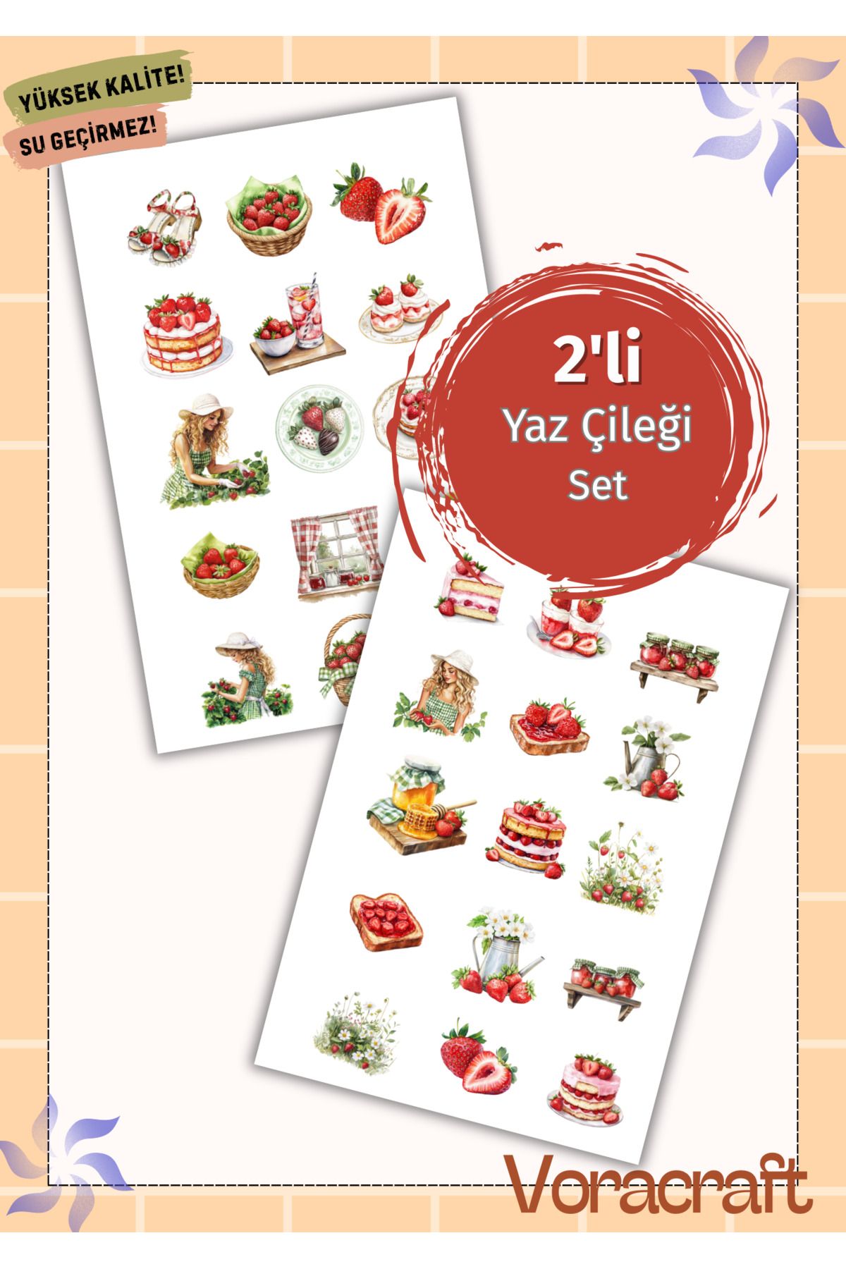VORACRAFT 2'li Yaz Çileği Ajanda Bullet Journal Laptop Telefon Set A060