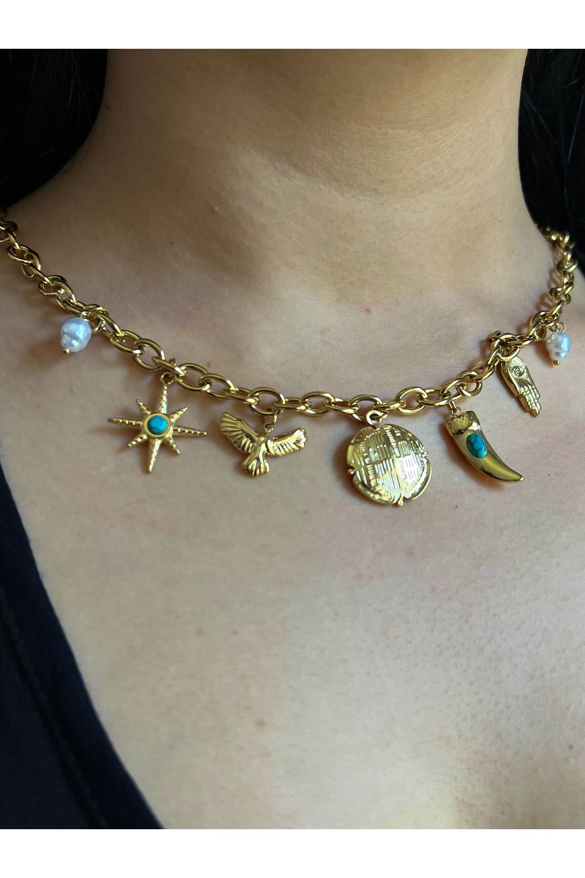 MODA Turkuaz Taşlı Kutup Yıldızı Hamsa Anka Kuşu Charmlı Çelik Kolye