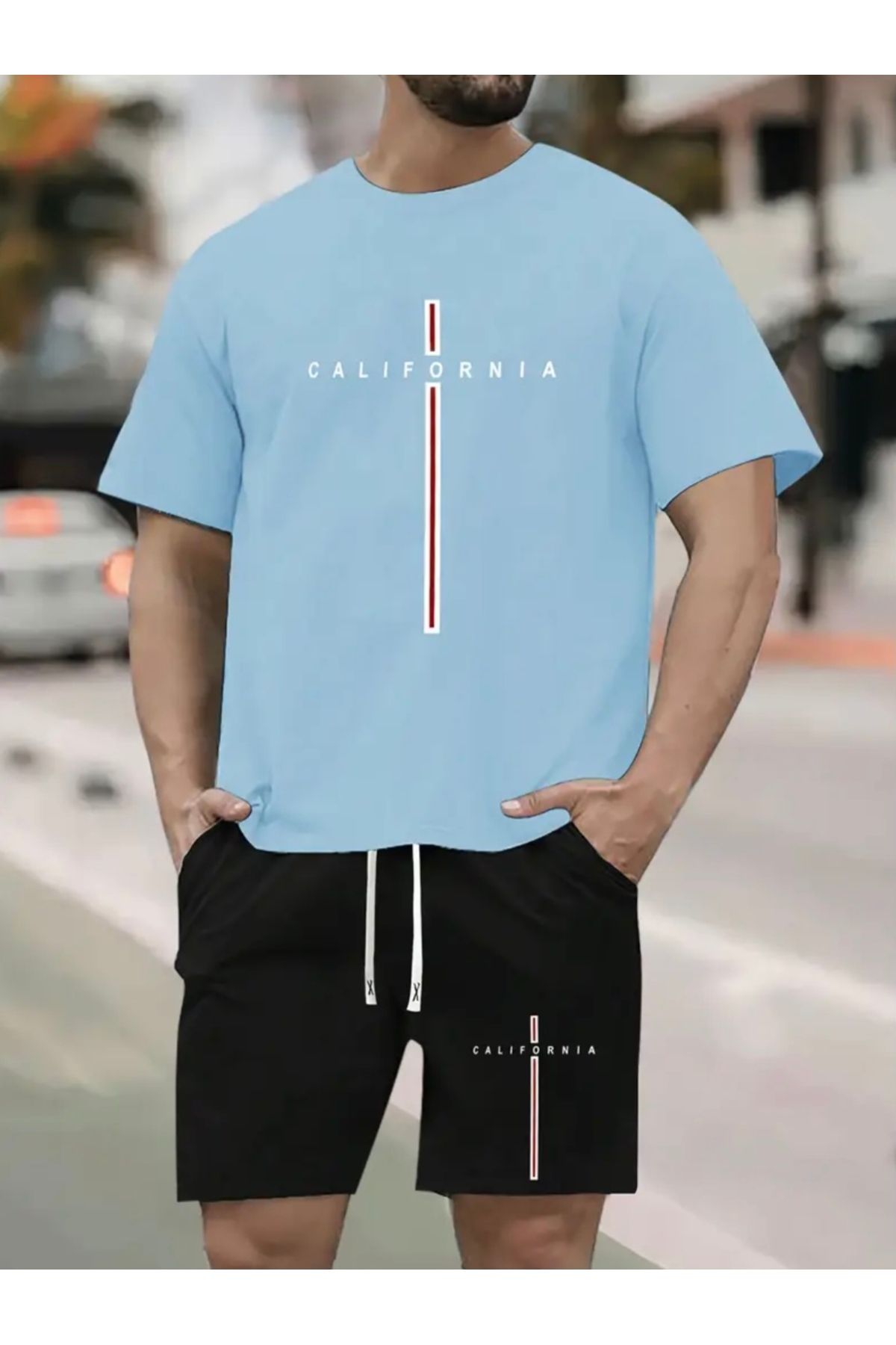 PUNIX BÜYÜK BEDEN ÖZEL TASARIM DİKEY CALİFORNİA BASKILI MODERN BATTAL ERKEK T-SHIRT ŞORT TAKIMI