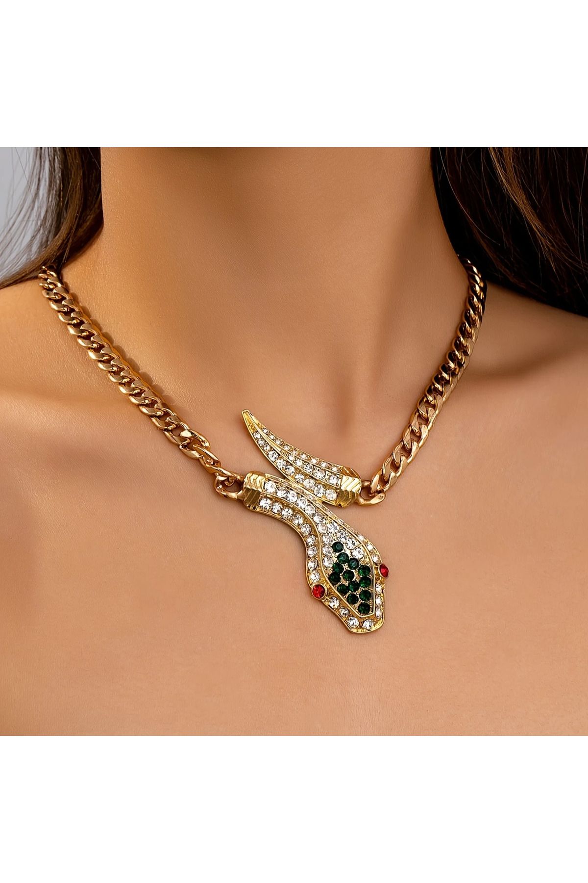 Redhead Zirkon Taşlı Gold Renk Kalın Zincirli Büyük Yılan Kolye