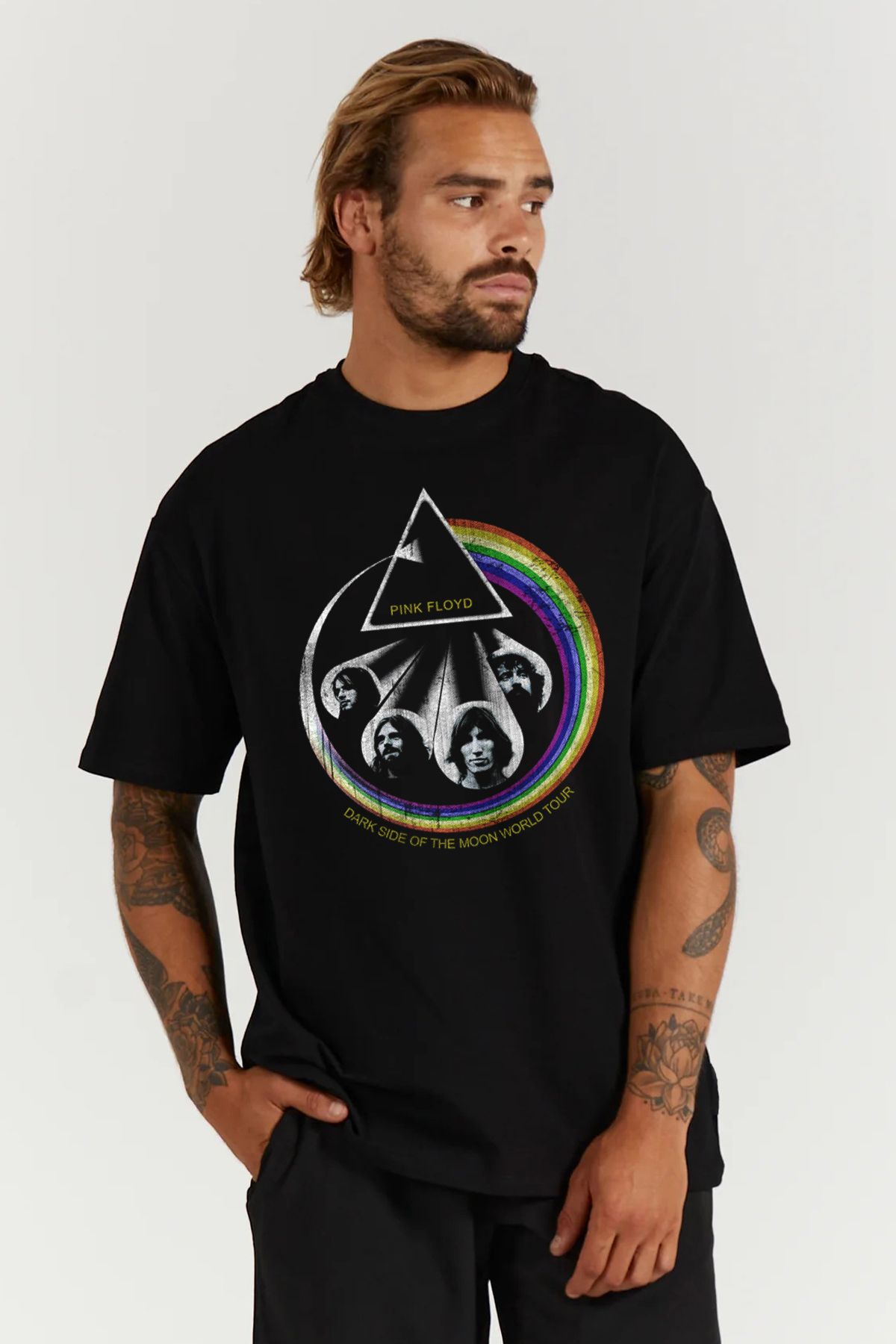 MODA Pink Floyd Baskılı Oversize Kalıp Siyah Geniş Bol Kesim Erkek Tişört