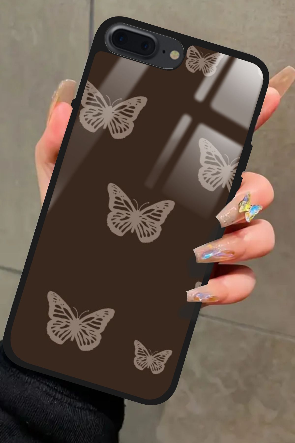Snacase iPhone 7 Plus Uyumlu Kahverengi Kelebek Tasarımlı Glossy Premium Kılıf