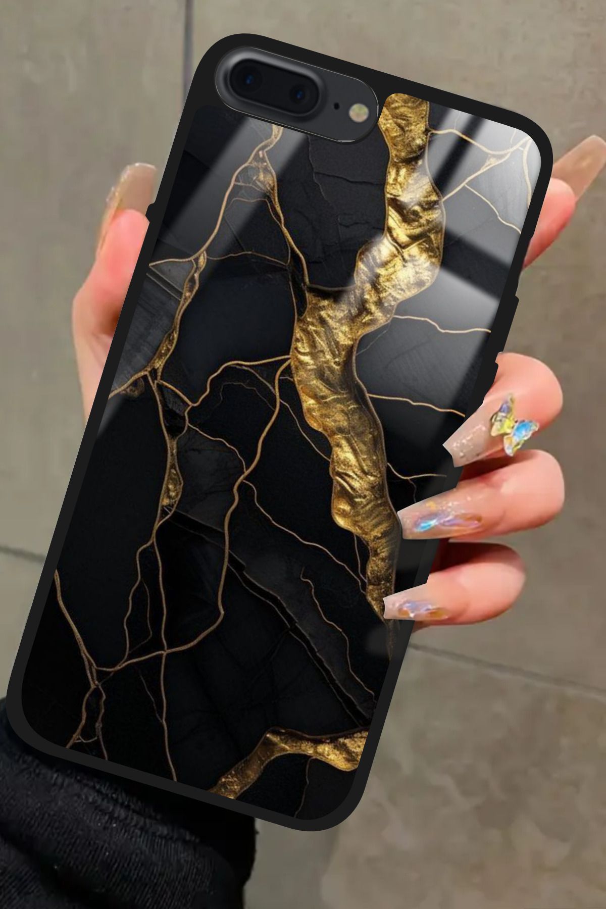 Snacase iPhone 8 Plus Uyumlu Siyah Mermer Tasarımlı Glossy Premium Kılıf