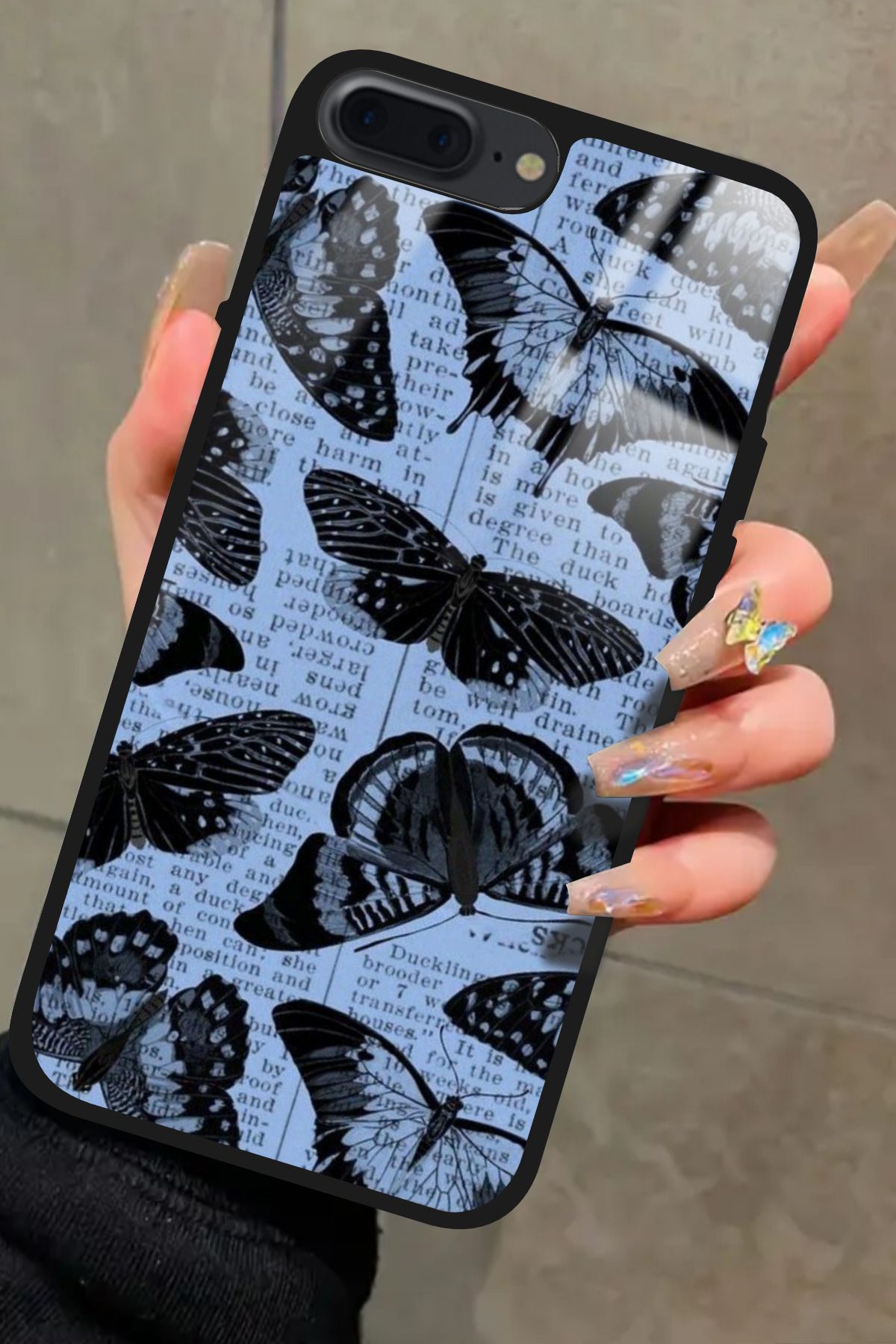 Snacase iPhone 8 Plus Uyumlu Siyah Kelebek Tasarımlı Glossy Premium Kılıf