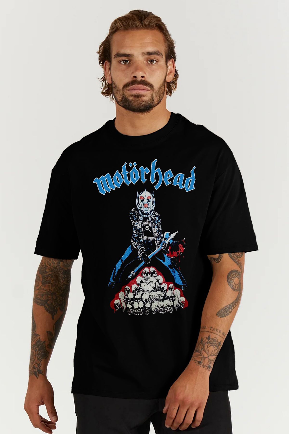 MODA Motorhead Baskılı Oversize Kalıp Siyah Geniş Bol Kesim Erkek Tişört
