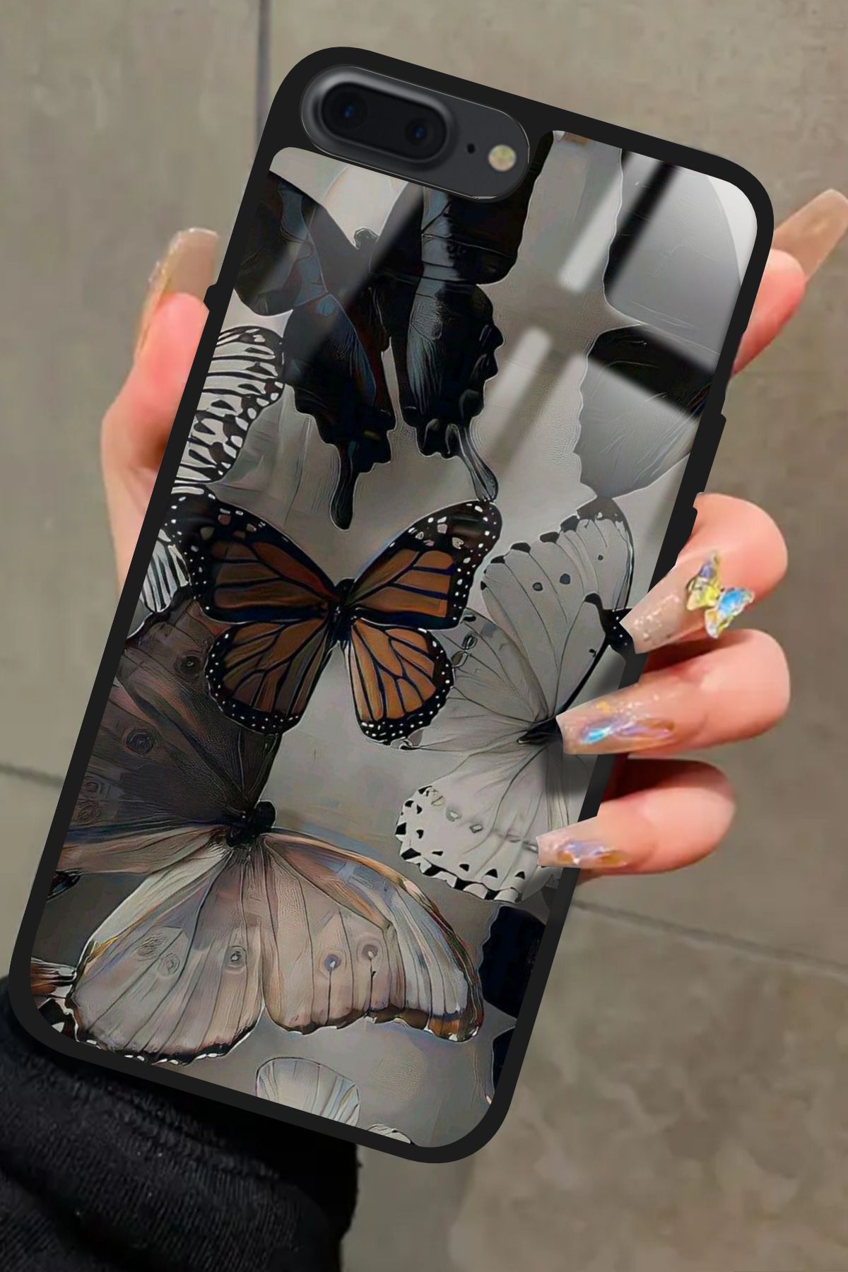 Snacase iPhone 8 Plus Uyumlu Siyah Kelebek Tasarımlı Glossy Premium Kılıf