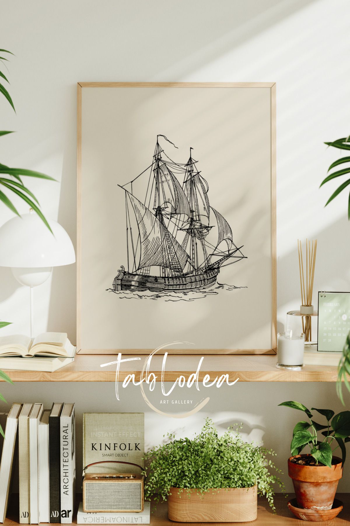 tablodea Modern Yelkenli Gemi Dekoru Çerçeveli Poster Tablo, Minimalist Dekoratif Vintage Duvar Tablosu