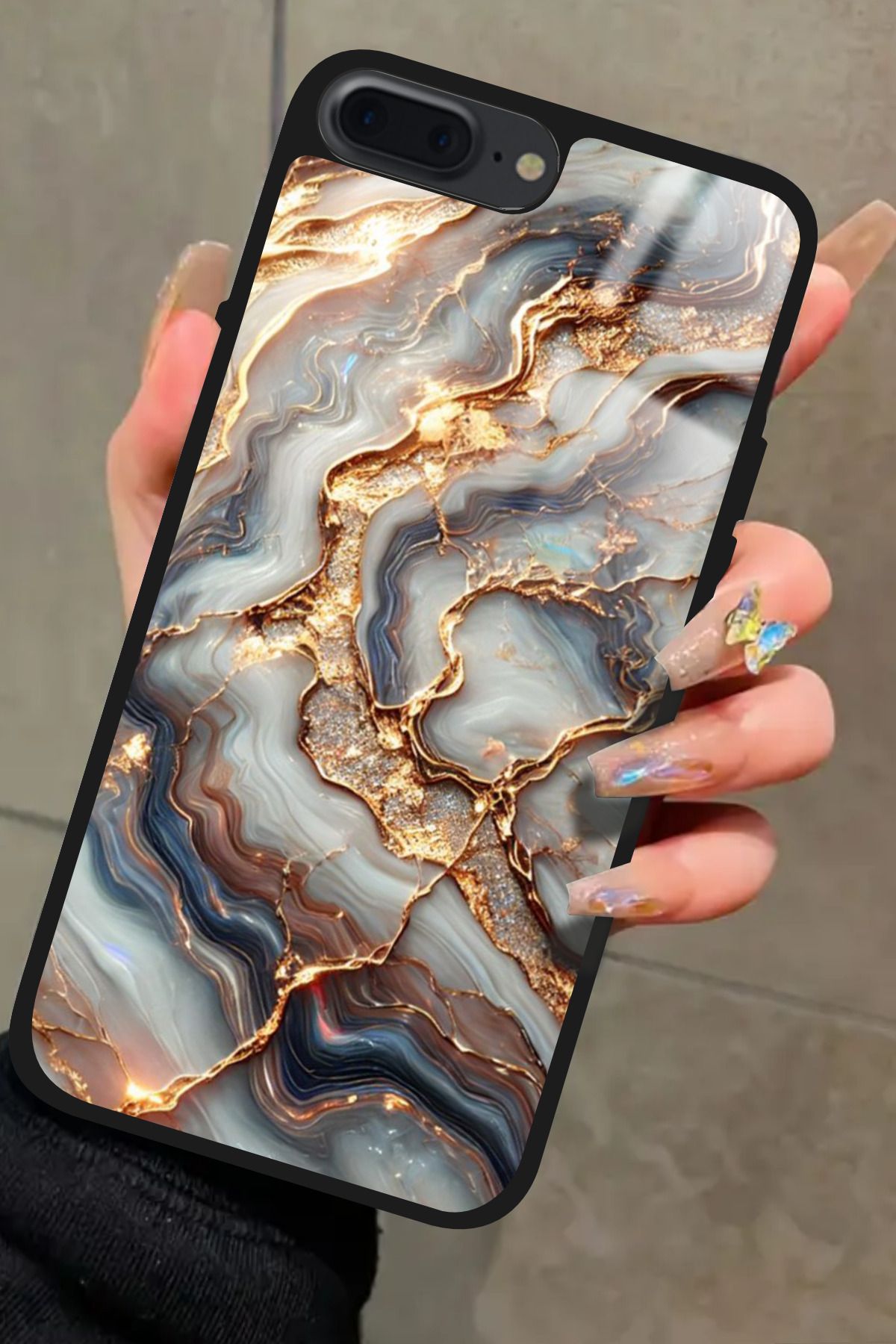Snacase iPhone 7 Plus Uyumlu Beyaz&Altın Mermer Tasarımlı Glossy Premium Kılıf