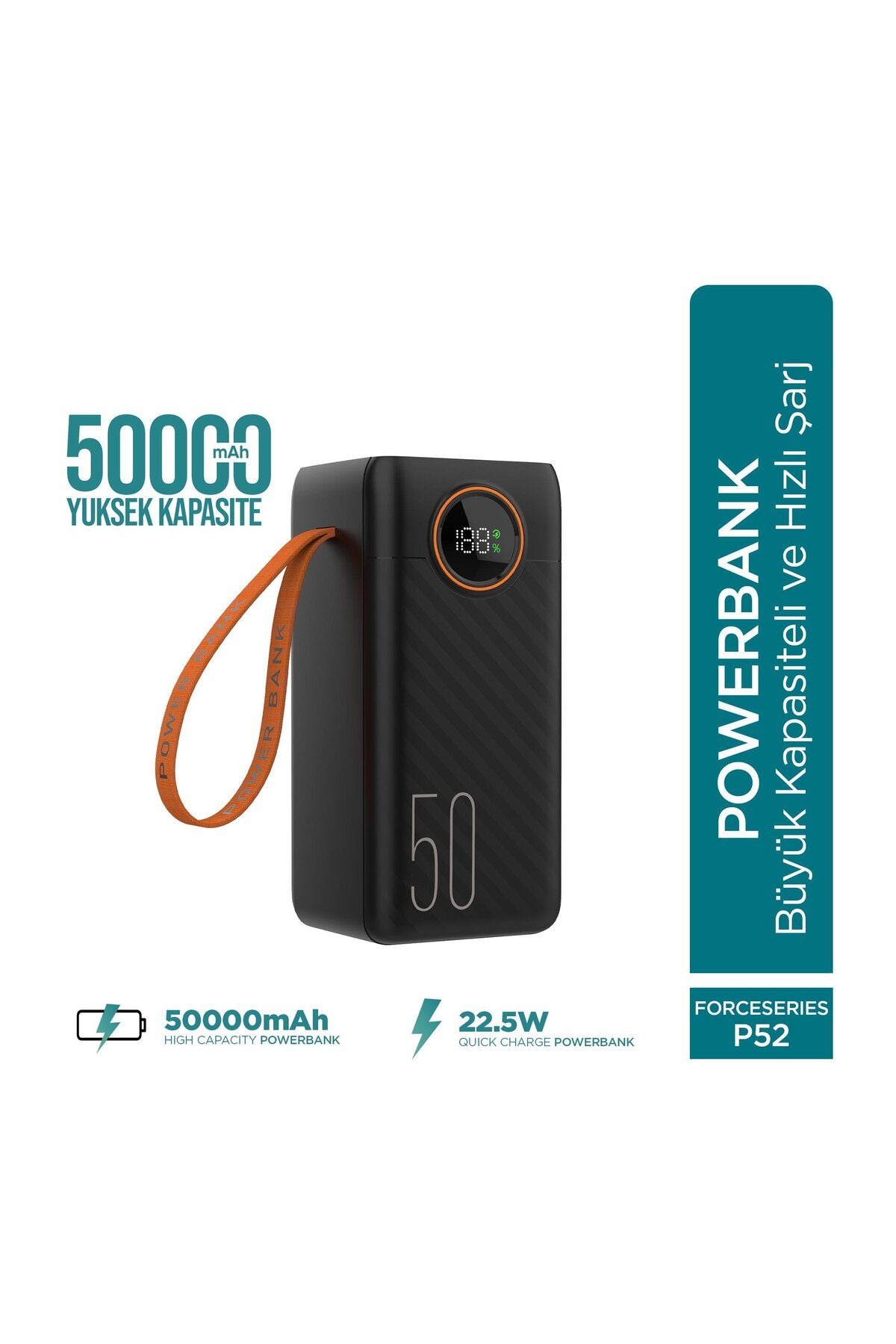 Phixi Force P52 50000mAh 22.5W Hızlı Şarj Cihazı - Dahili Kablolu - Taşınabilir Şarj Cihazı
