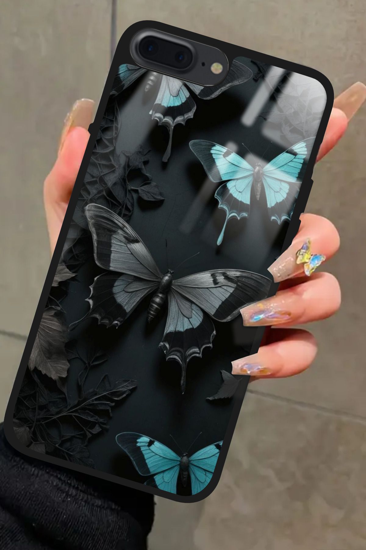 Snacase iPhone 8 Plus Uyumlu Siyah Kelebek Tasarımlı Glossy Premium Kılıf