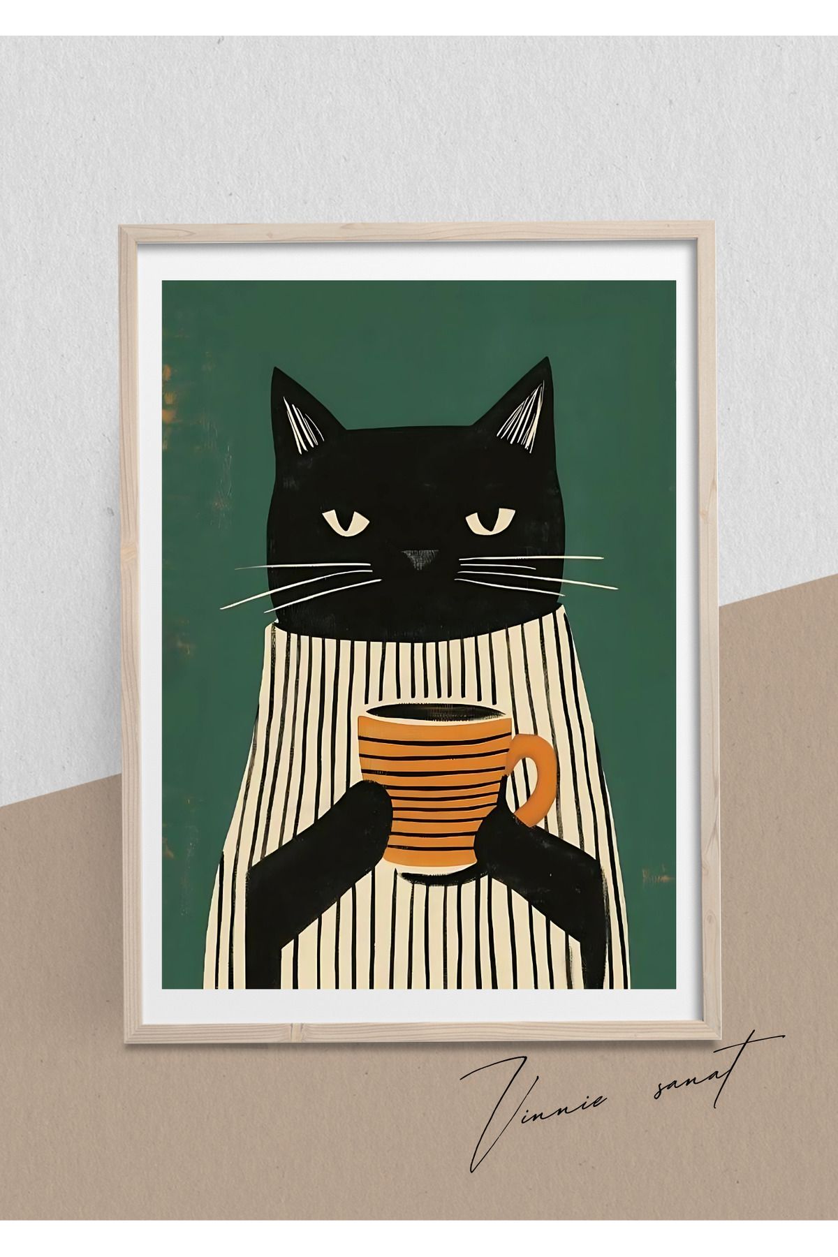 vinnie sanat Coffee and Cat Ahşap Çerçeveli Tablo