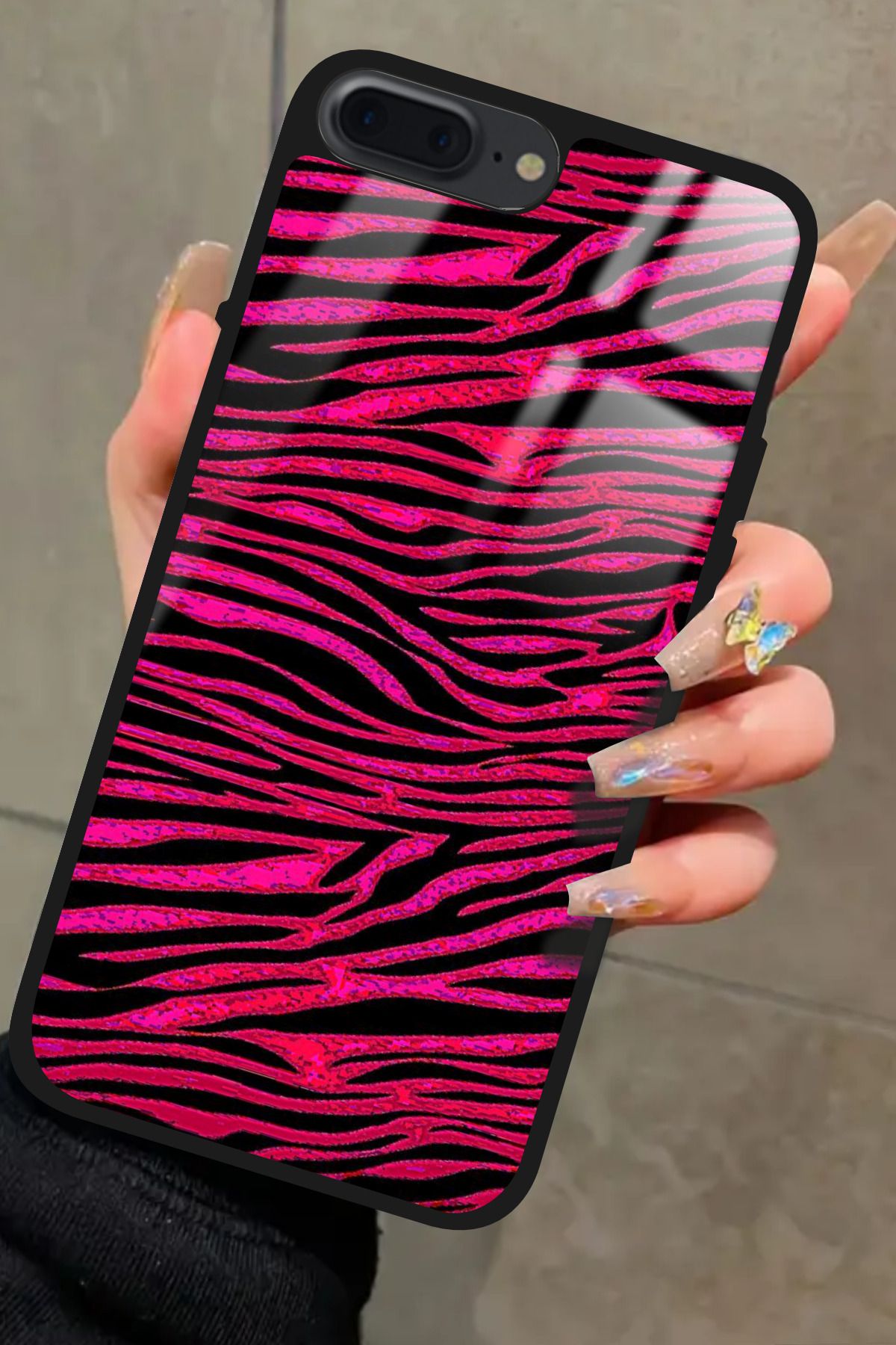 Snacase iPhone 7 Plus Uyumlu Pembe Zebra Tasarımlı Glossy Premium Kılıf