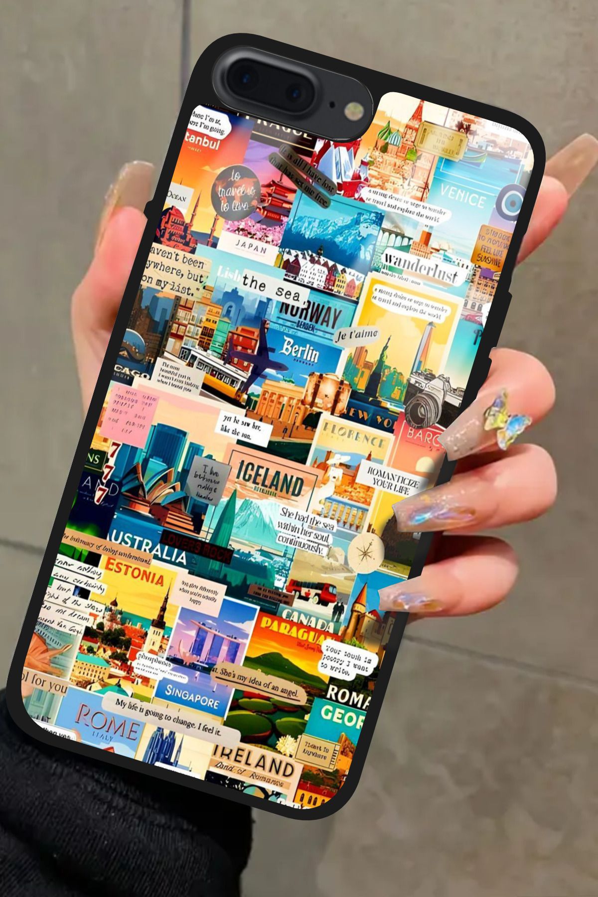Snacase iPhone 7 Plus Uyumlu Travel Tasarımlı Glossy Premium Kılıf