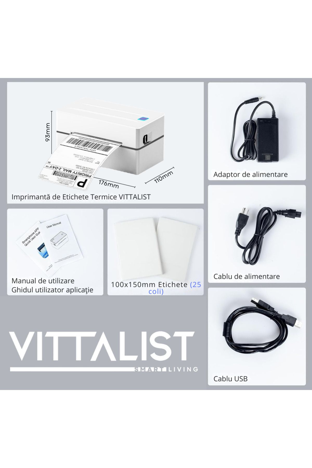 Vittalist-Thermal Printer for Labels and AWBs, Compatible with iOS / Android / Windows / MacOS, White 7