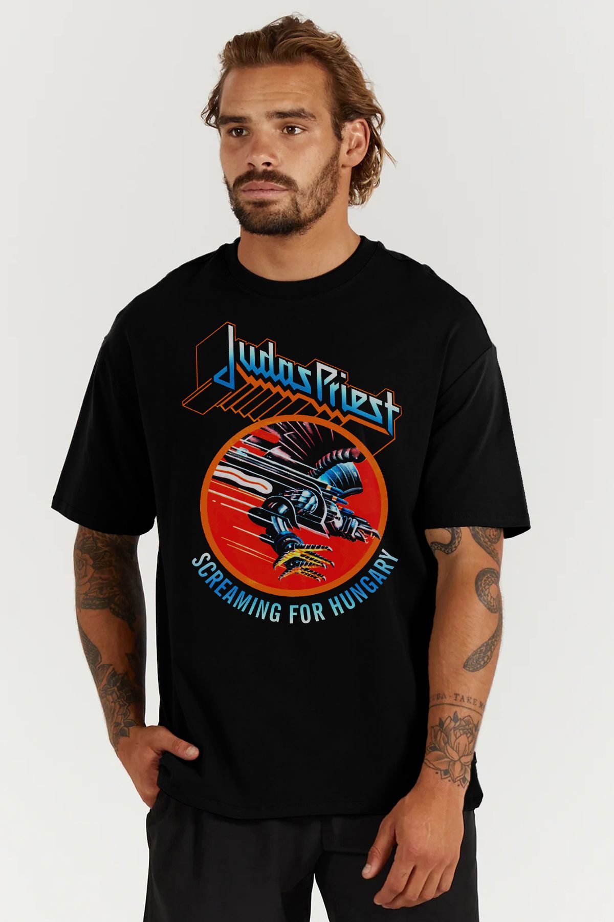 MODA Judas Priest Heavy Metal Baskılı Oversize Kalıp Siyah Geniş Bol Kesim Erkek Tişört