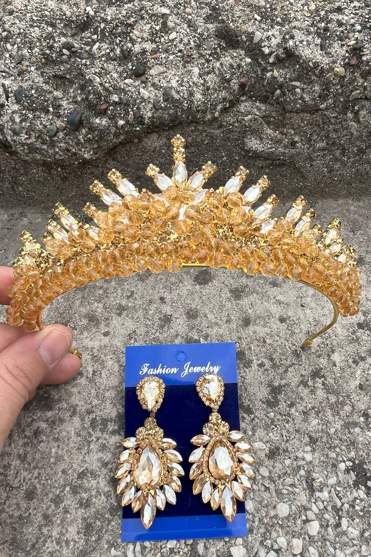 Hobigram Alyce Gold Gelin Kına Tacı Özel Gün Aksesuar Kadın Taç Ve Geniş Mekik Küpe Takımı