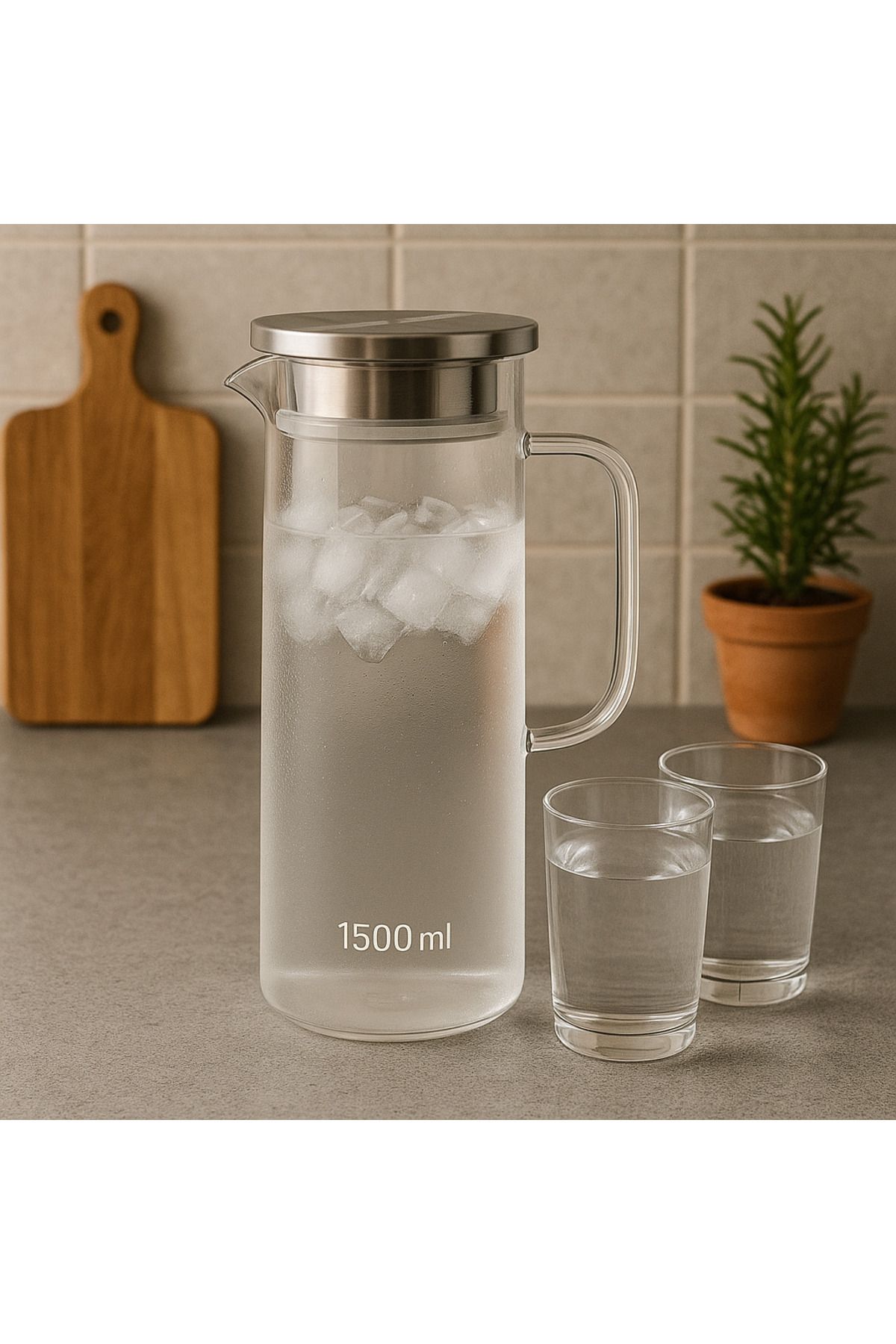 BLUE SİDE 1500 Ml Isıya Dayanıklı Paslanmaz Çelik Kapaklı Borosilikat Cam Sürahi Mutfak Sürahisi